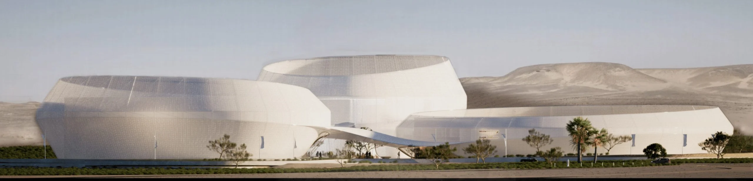 Render of the white rounded volumes of the Duqm center seen from the road, desert hills behind – Duqm Exhibition & Convention Center, Oman, 2024 – architecture
