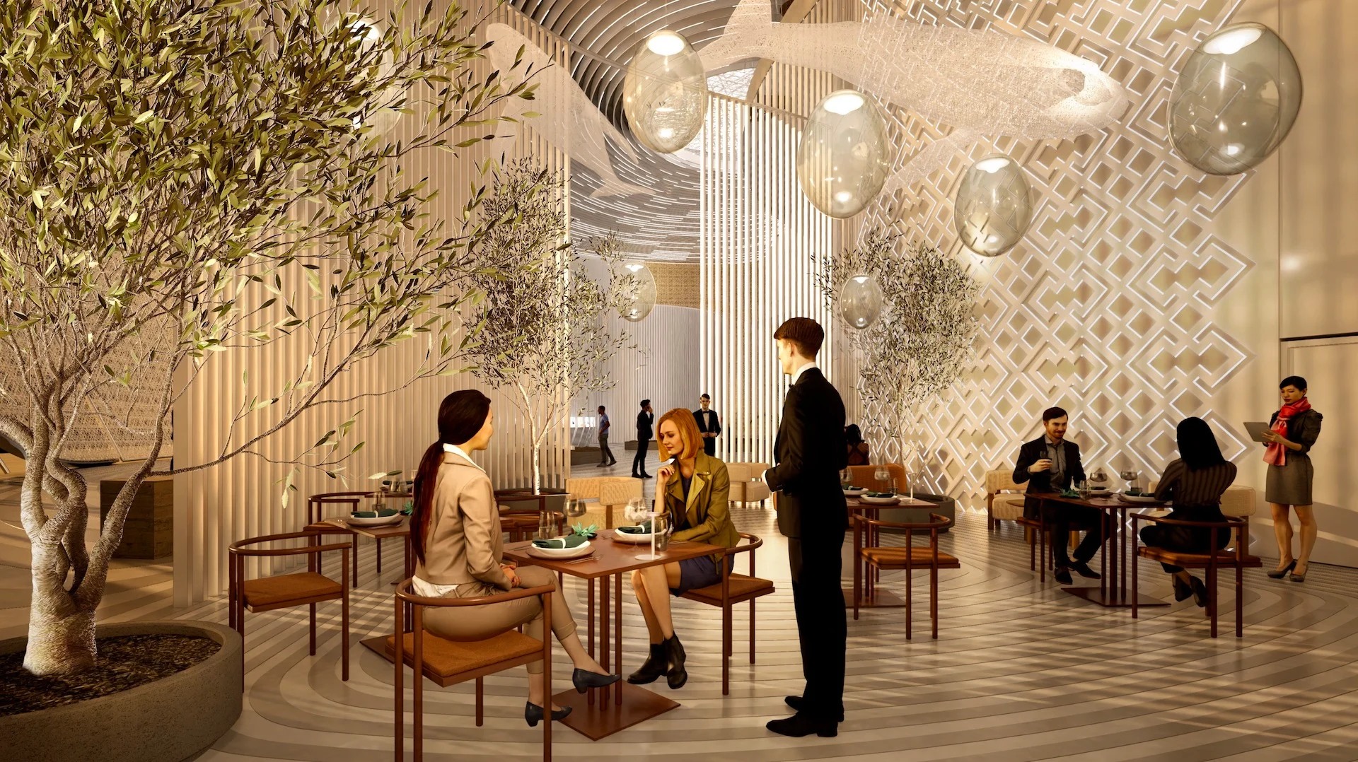 Render of a cafe with olive trees, wooden chairs and glass globe pendants beneath a lattice wall – Duqm Exhibition & Convention Center, Oman, 2024 – architecture
