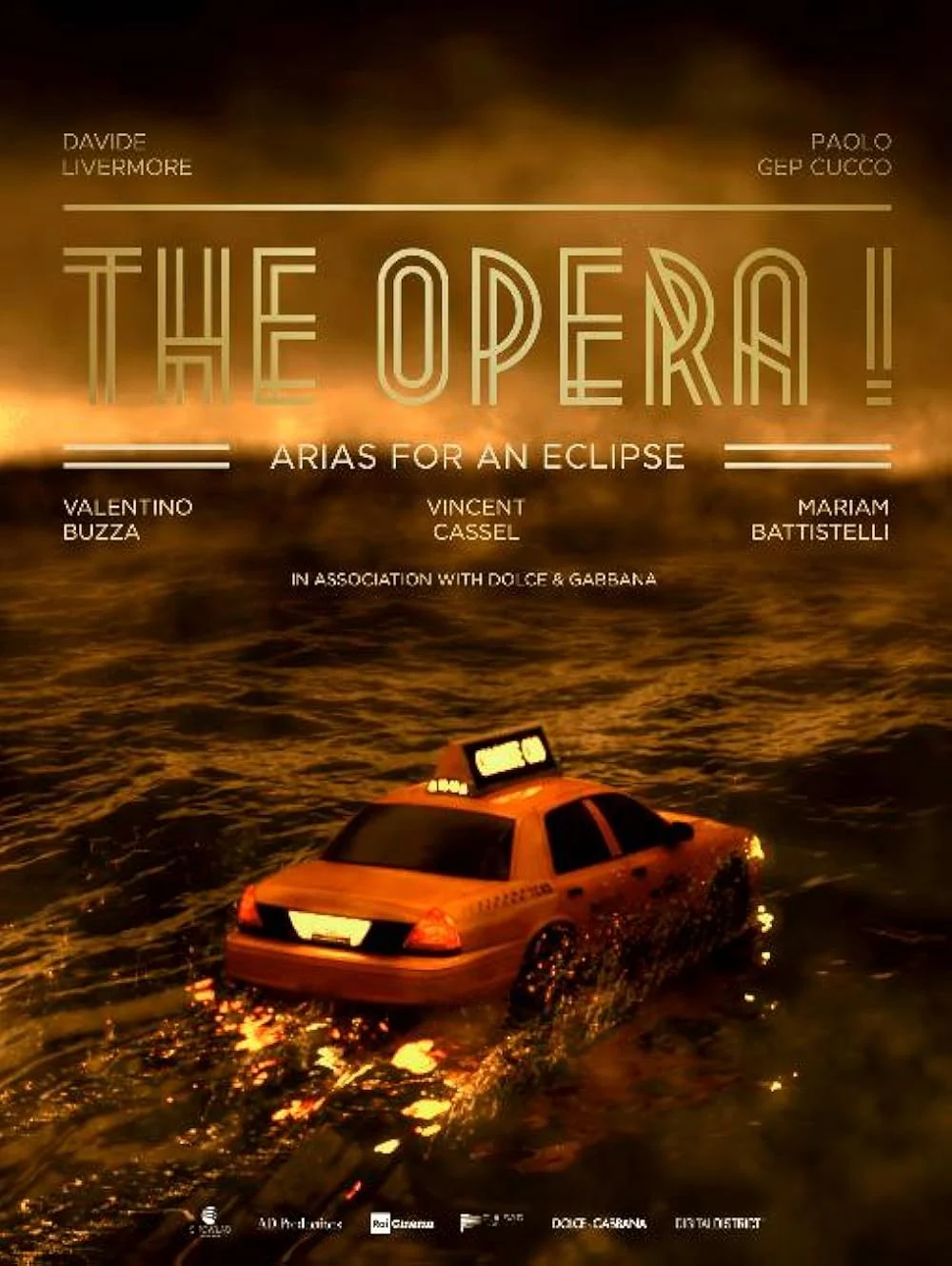 Poster for The Opera! Arias for an Eclipse, with a yellow taxi sinking into glowing golden water – The Opera! Arie per un'Eclissi at Rome Film Festival, Italy, 2024 – set design