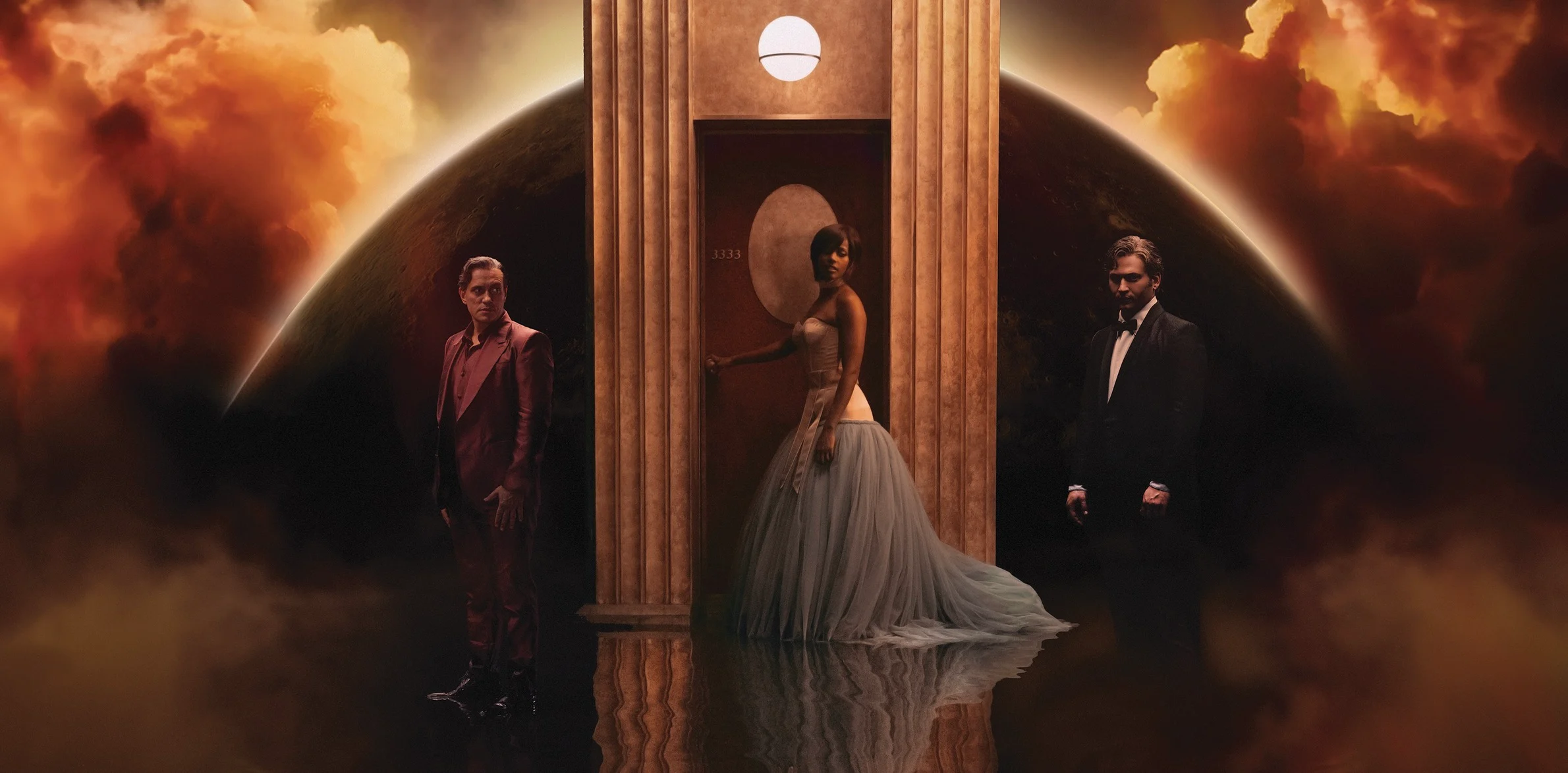 Film still: three figures in a lift door frame before a fiery eclipse and billowing clouds – The Opera! Arie per un'Eclissi at Rome Film Festival, Italy, 2024 – set design