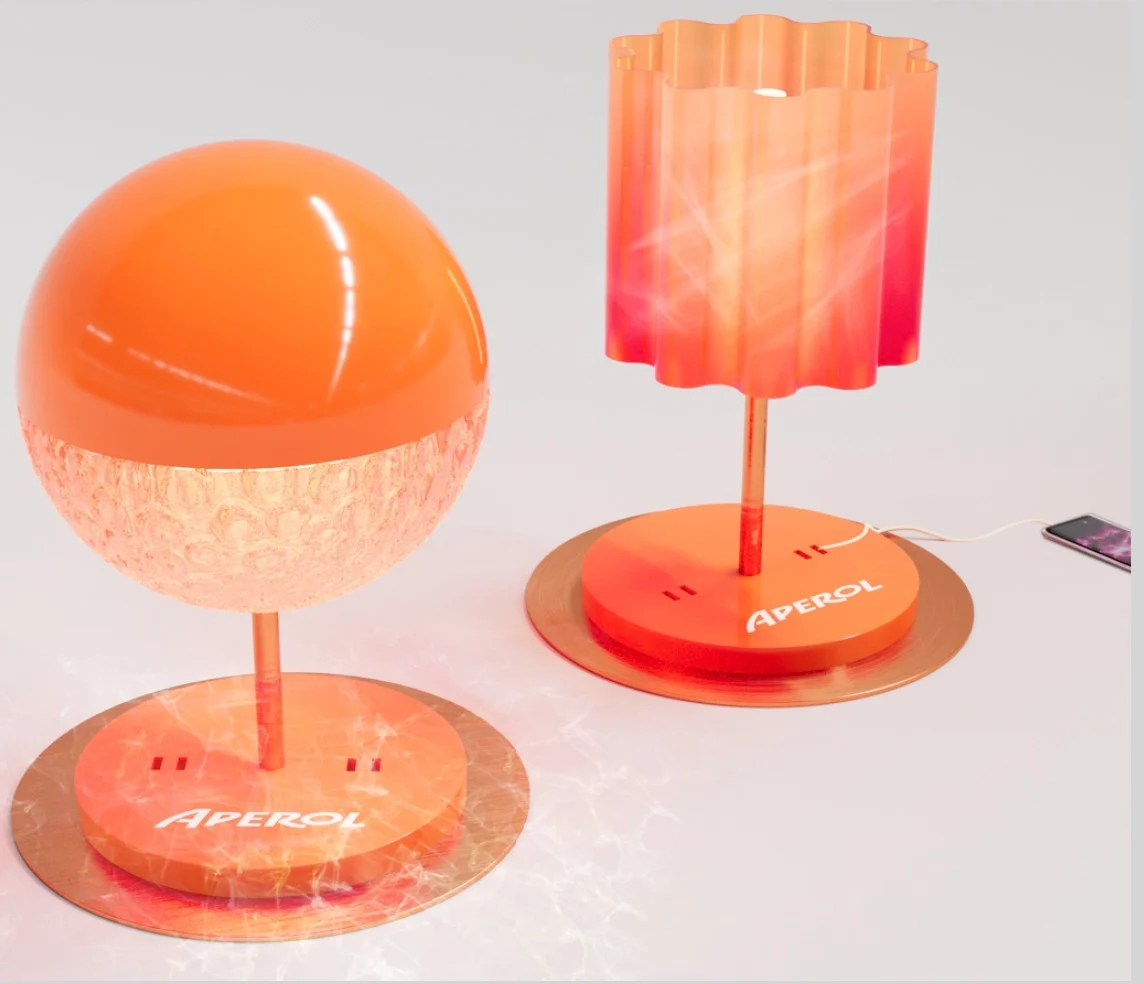 Render of two Aperol table lamps, one globe and one pleated shade, with charging bases – Aperol Tool Kit, 2023 – product design