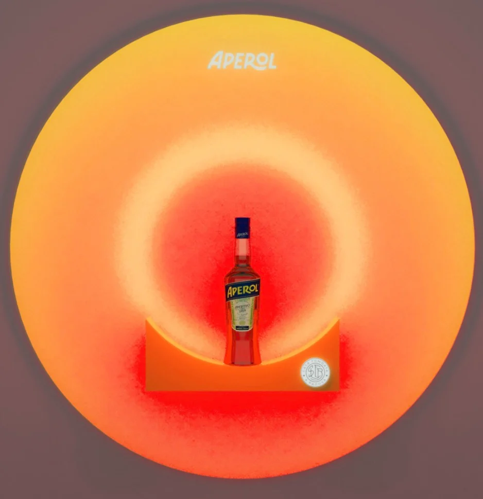 Render of a round backlit Aperol display with a single bottle on a curved orange shelf – Aperol Tool Kit, 2023 – product design