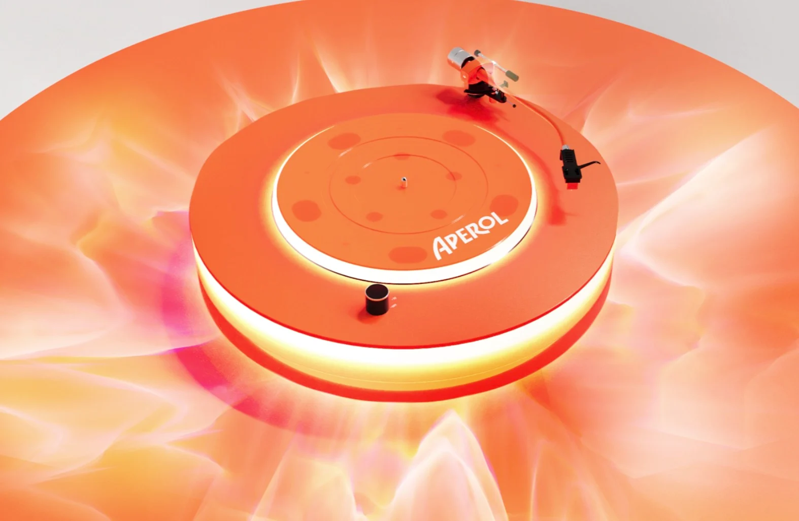 Render of an orange Aperol turntable with a glowing light ring on a flame-patterned base – Aperol Tool Kit, 2023 – product design