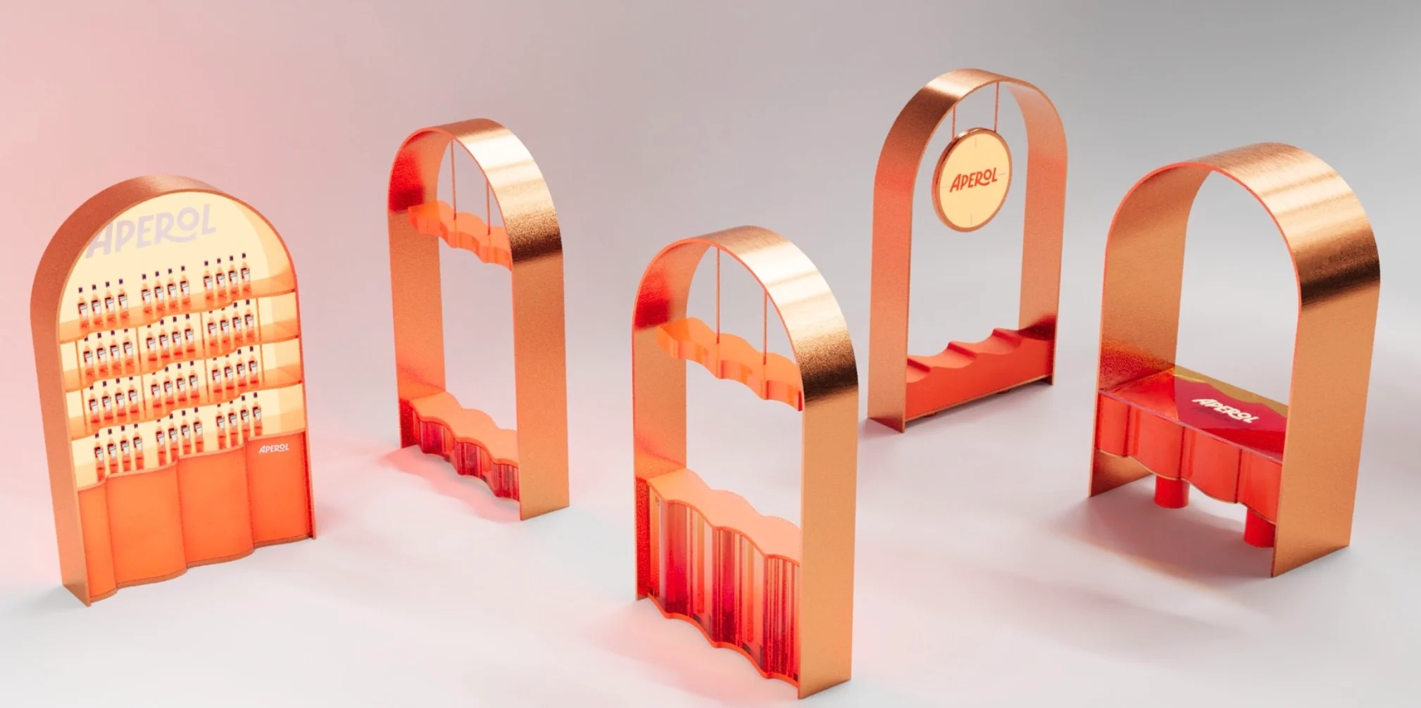 Render of five copper arched displays and bar units from the Aperol tool kit – Aperol Tool Kit, 2023 – product design