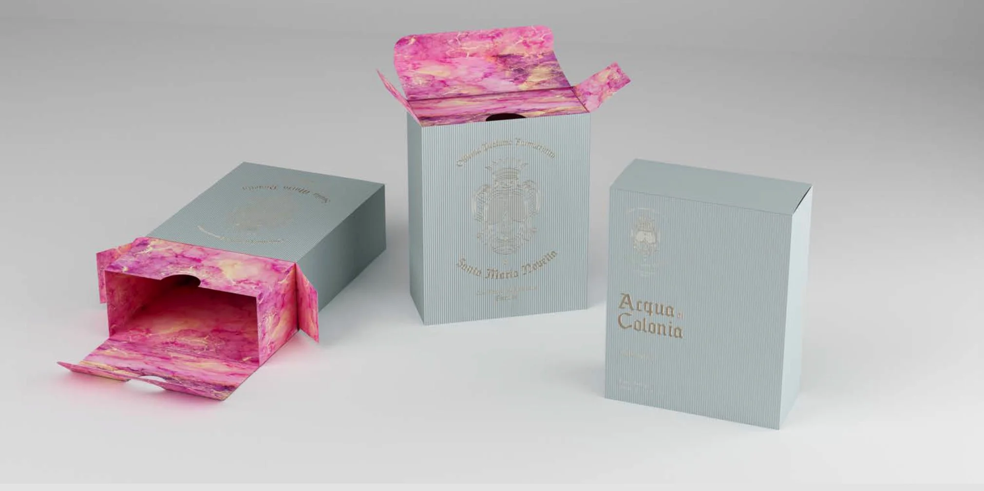 Render of pale grey Acqua di Colonia boxes opened to reveal pink marbled lining – Santa Maria Novella Home Fragrances, 2021 – graphic design proposal