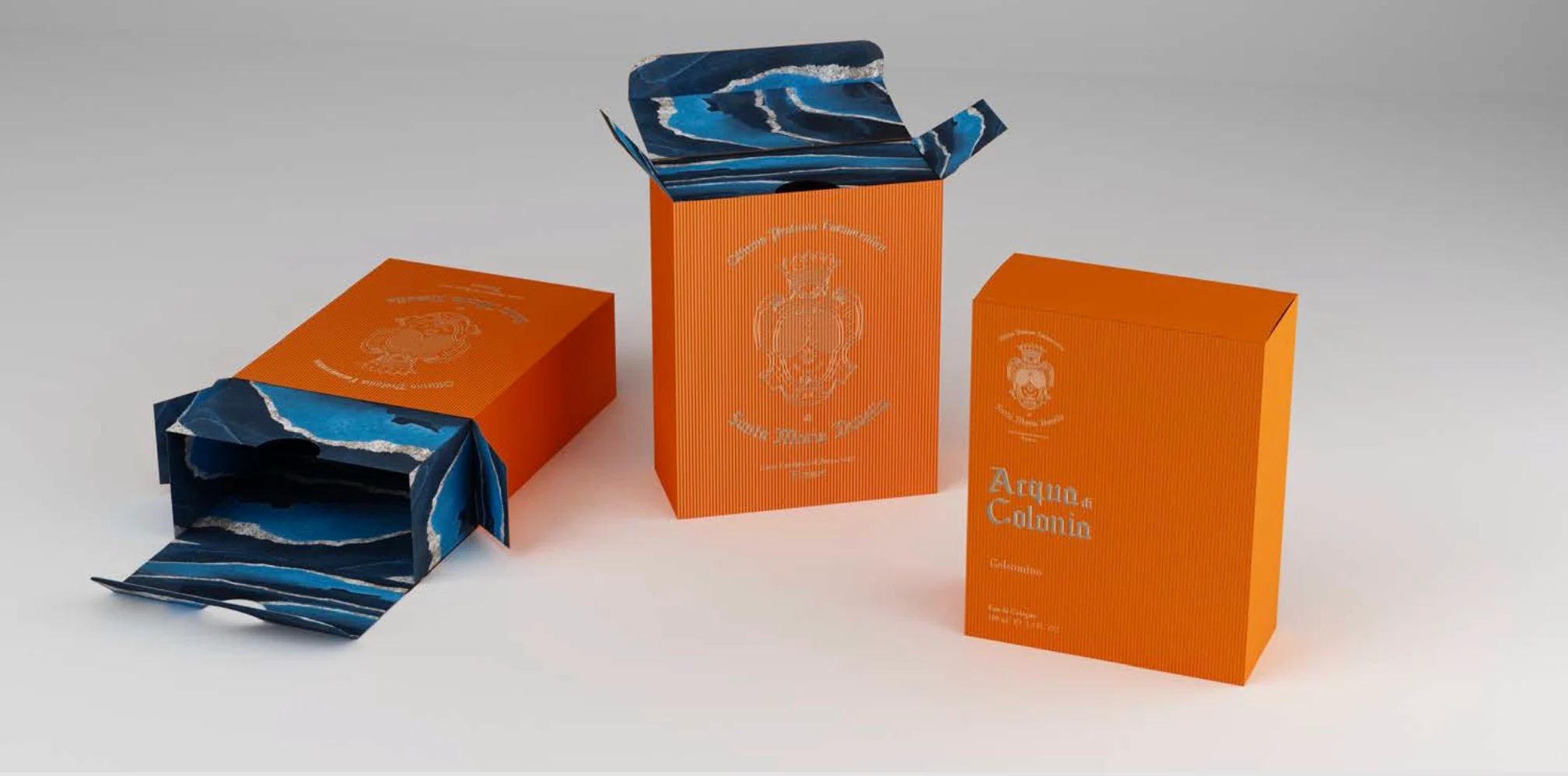 Render of orange Acqua di Colonia boxes opened to reveal blue wave-patterned marbled lining – Santa Maria Novella Home Fragrances, 2021 – graphic design proposal