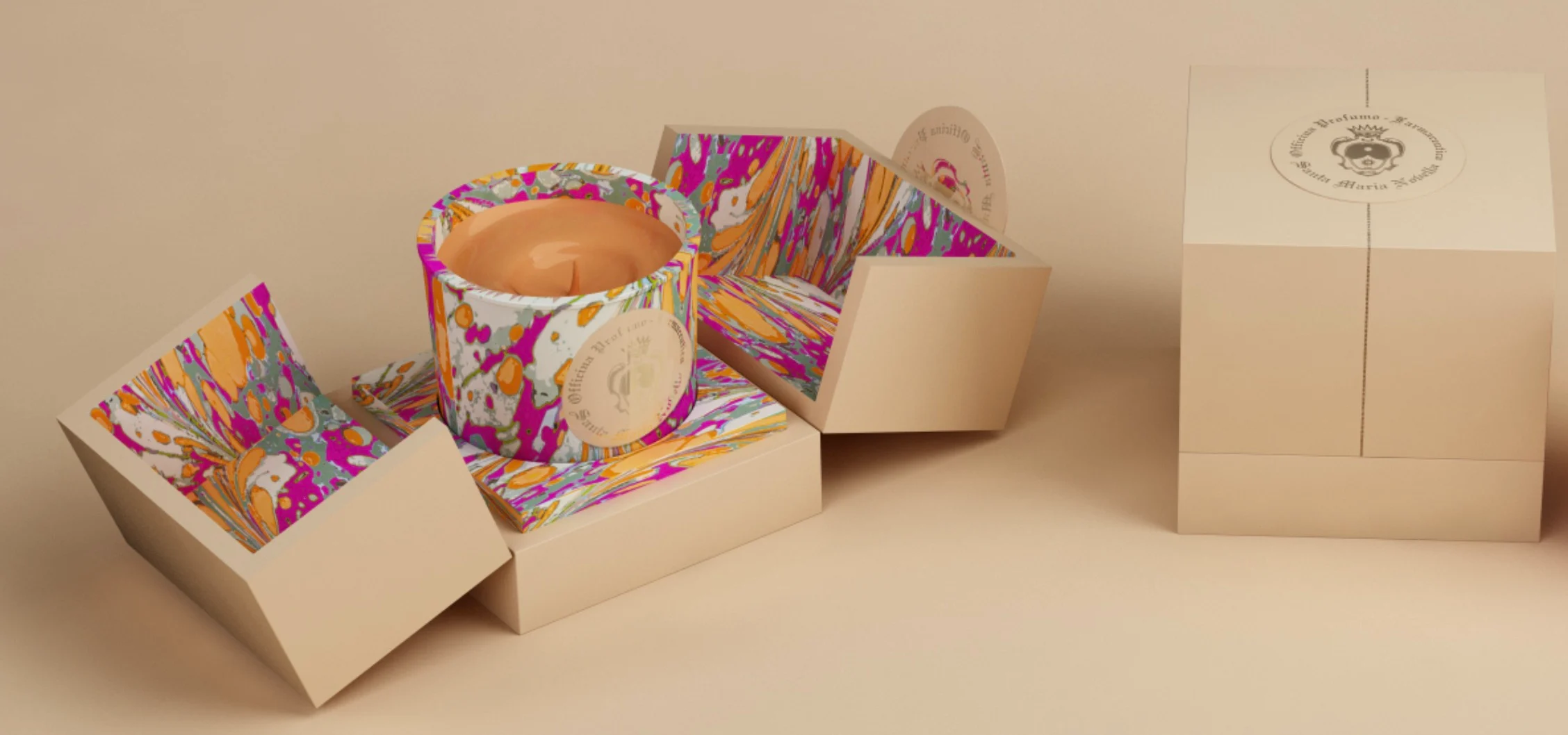 Render of a candle in a marbled pink and orange box that opens like petals, beside a closed cream box – Santa Maria Novella Home Fragrances, 2021 – graphic design proposal