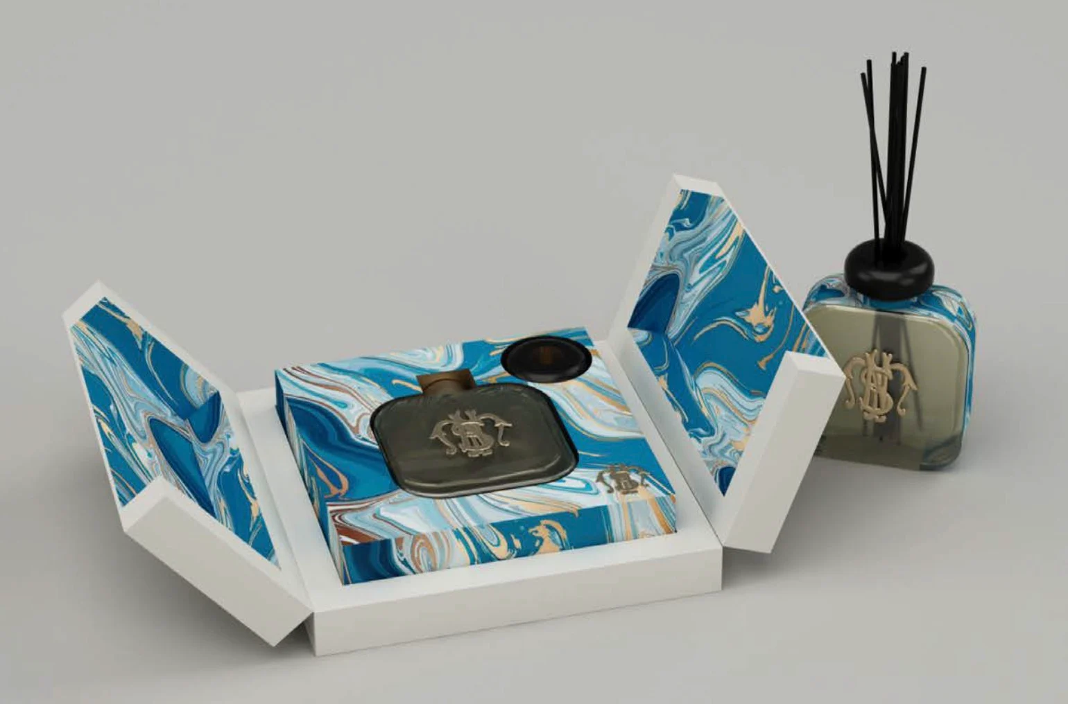 Render of a blue marbled gift box opening to hold a perfume bottle, with a reed diffuser beside it – Santa Maria Novella Home Fragrances, 2021 – graphic design proposal