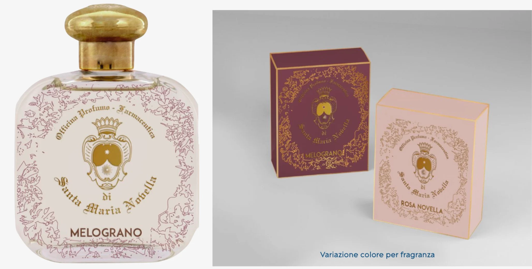 Render of a Melograno bottle with crest label, beside burgundy and pink boxes in two colourways – Santa Maria Novella Home Fragrances, 2021 – graphic design proposal