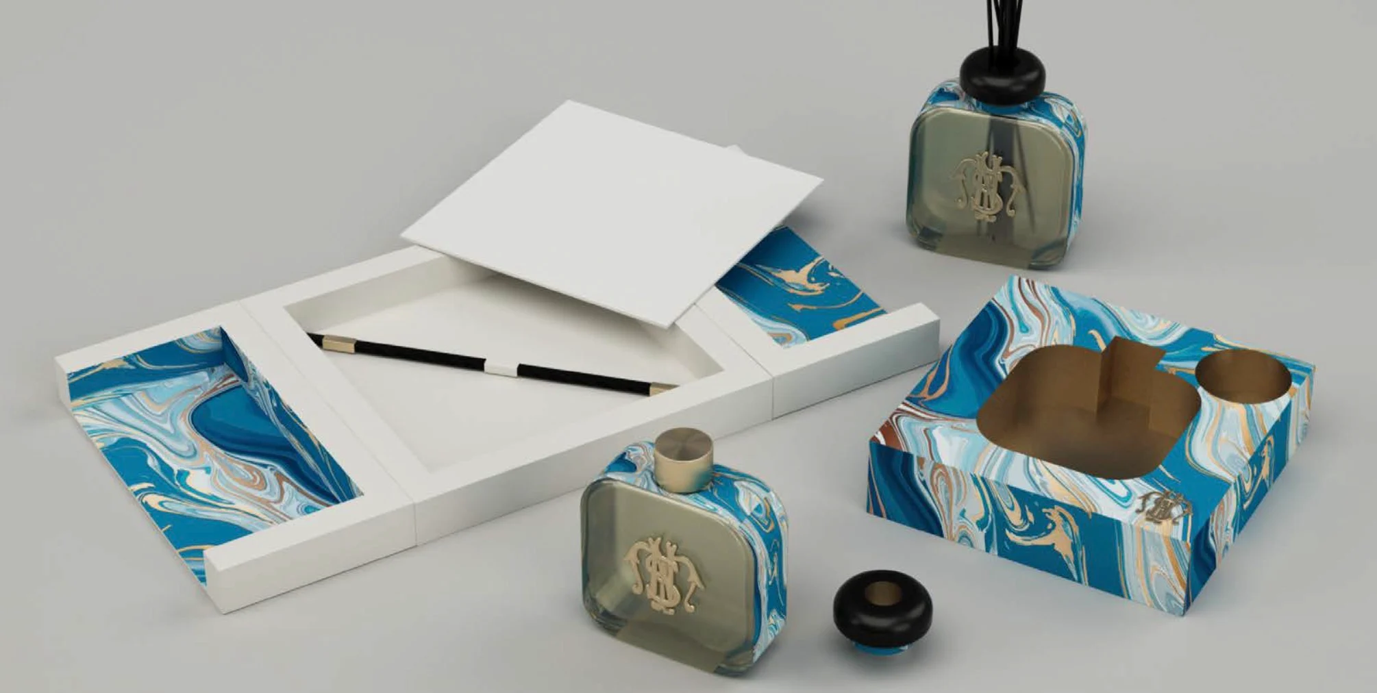 Render of a blue marbled desk set: tray with paper and pen, perfume bottle and diffuser – Santa Maria Novella Home Fragrances, 2021 – graphic design proposal