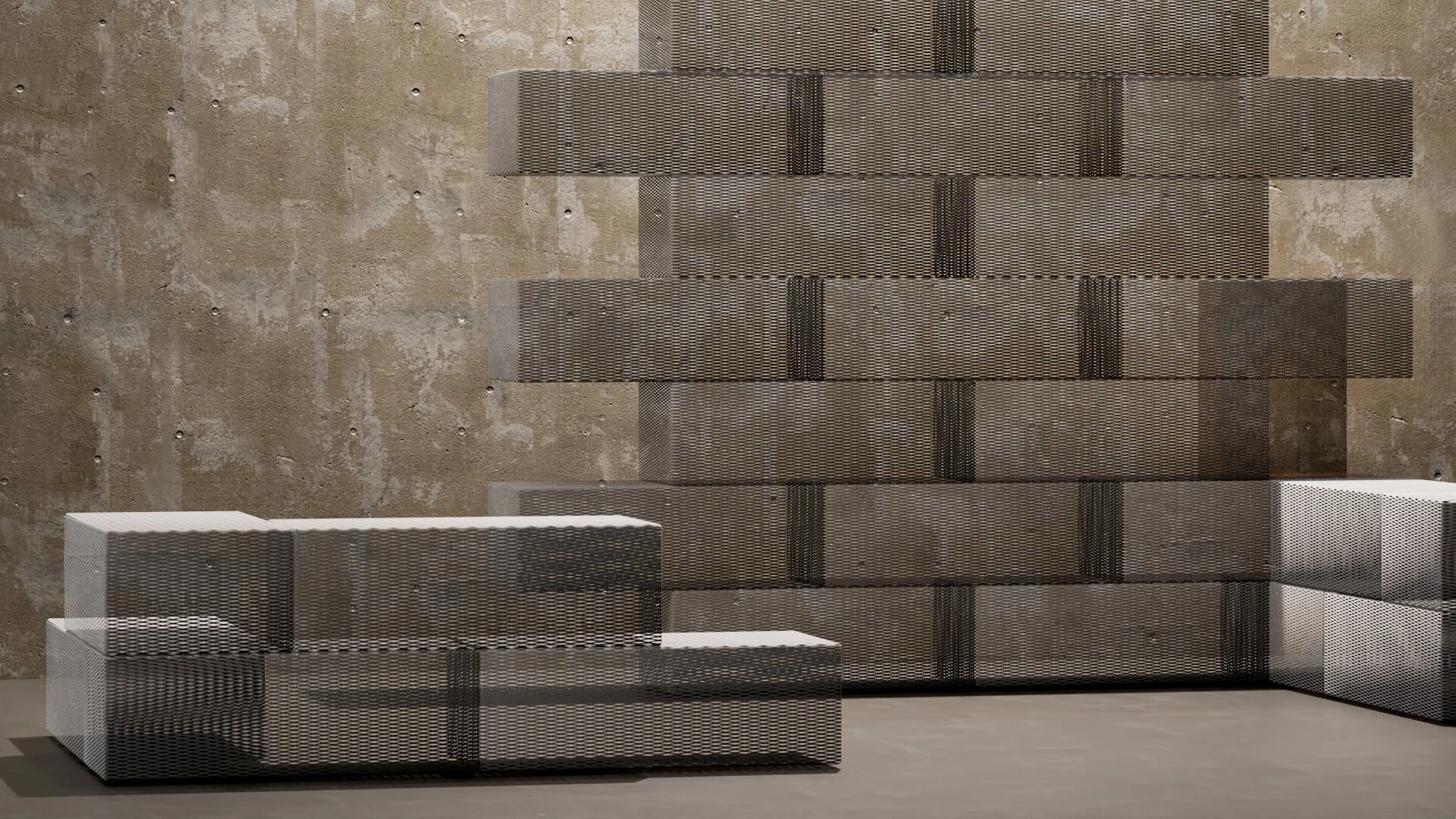 Render of stacked metal mesh modules forming a wall and low benches against raw concrete – ItalMesh Metal Mesh Collection, Milan, Italy, 2025 – product design