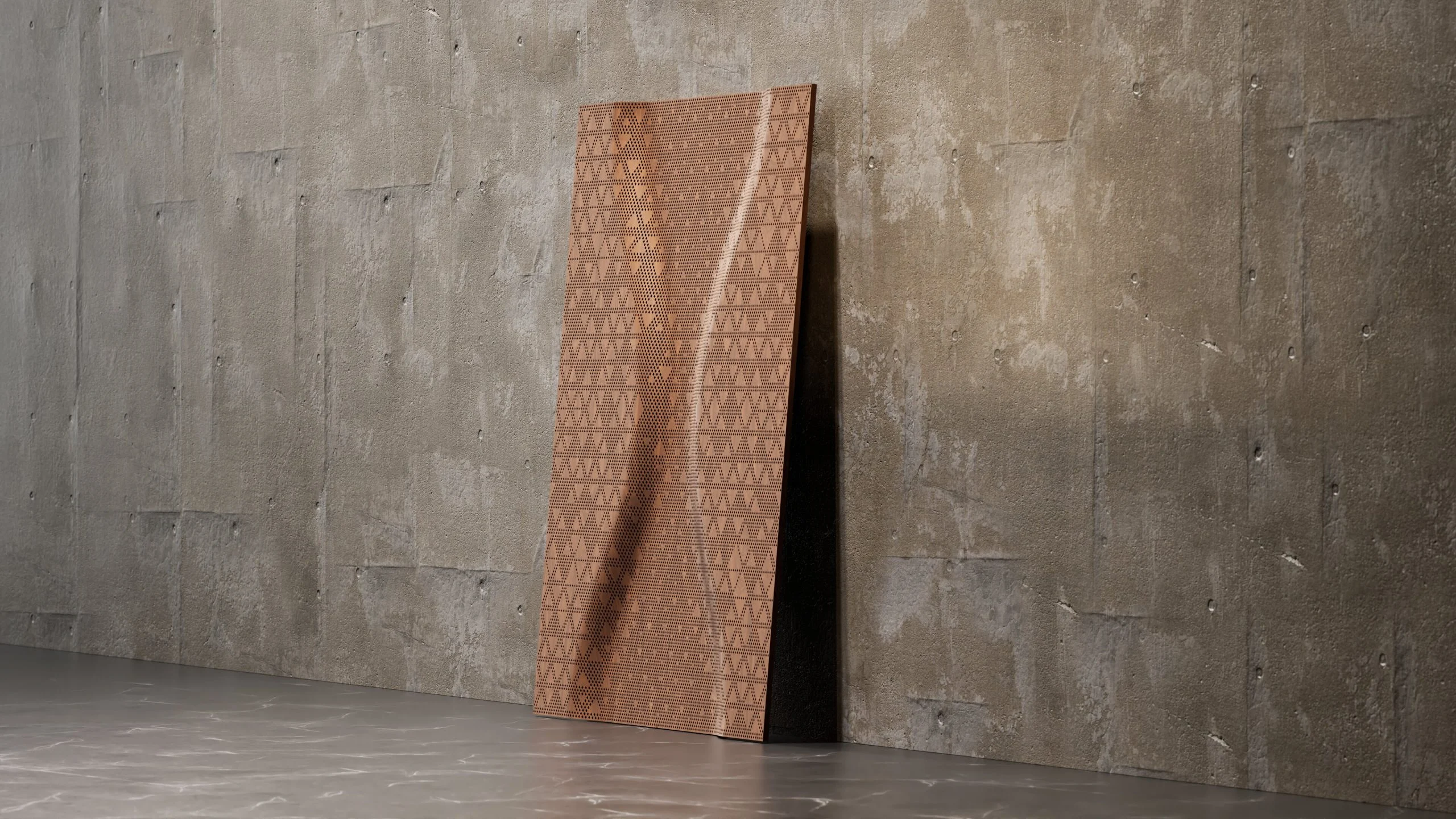 Render of a copper-coloured panel with a wavy pattern of triangles leaning against a concrete wall – Strong by Form Woodflow-Skin Panels, Milan, Italy, 2025 – product design