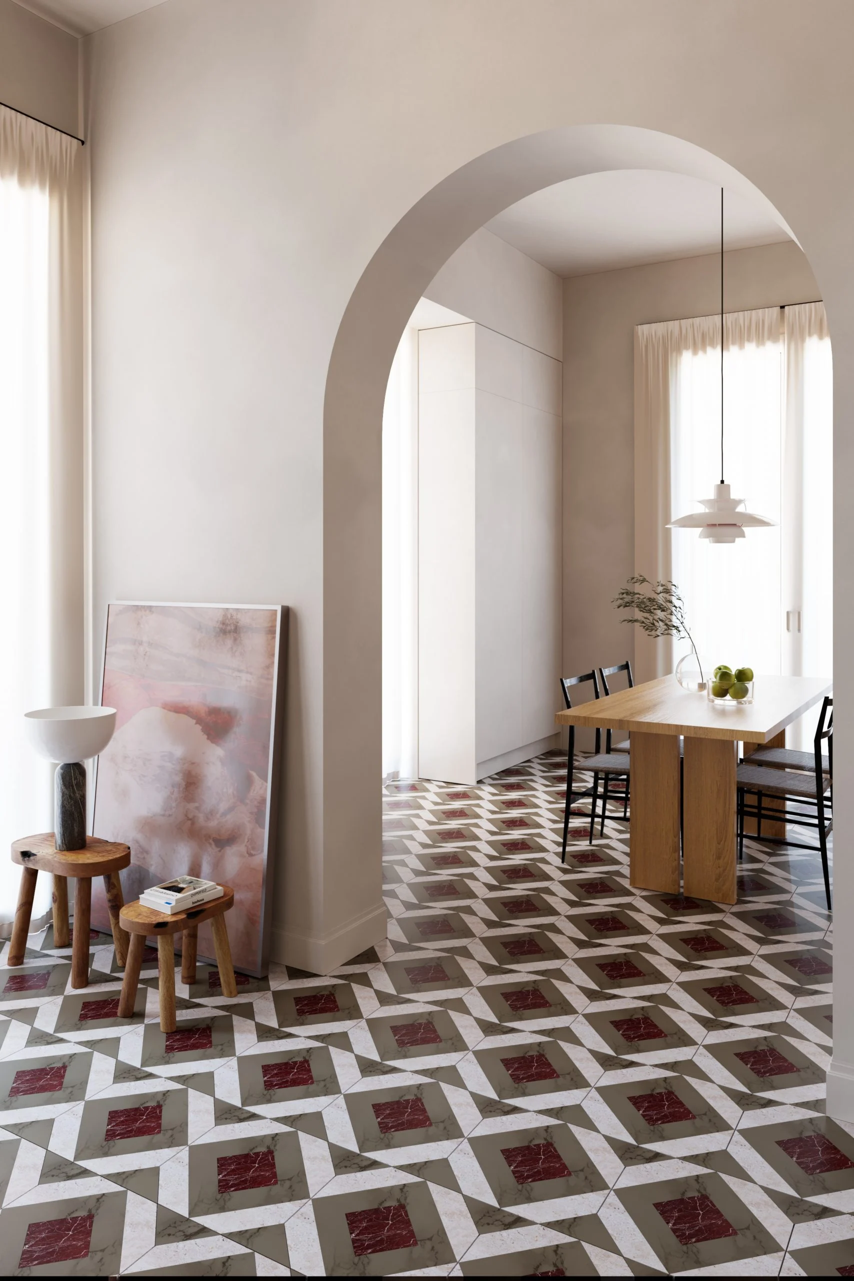 Arched opening onto a dining room, Murabba inlaid floor of triangles and squares in red and grey stone – Murabba Flooring for MIAMILANO, Italy, 2025 – product design