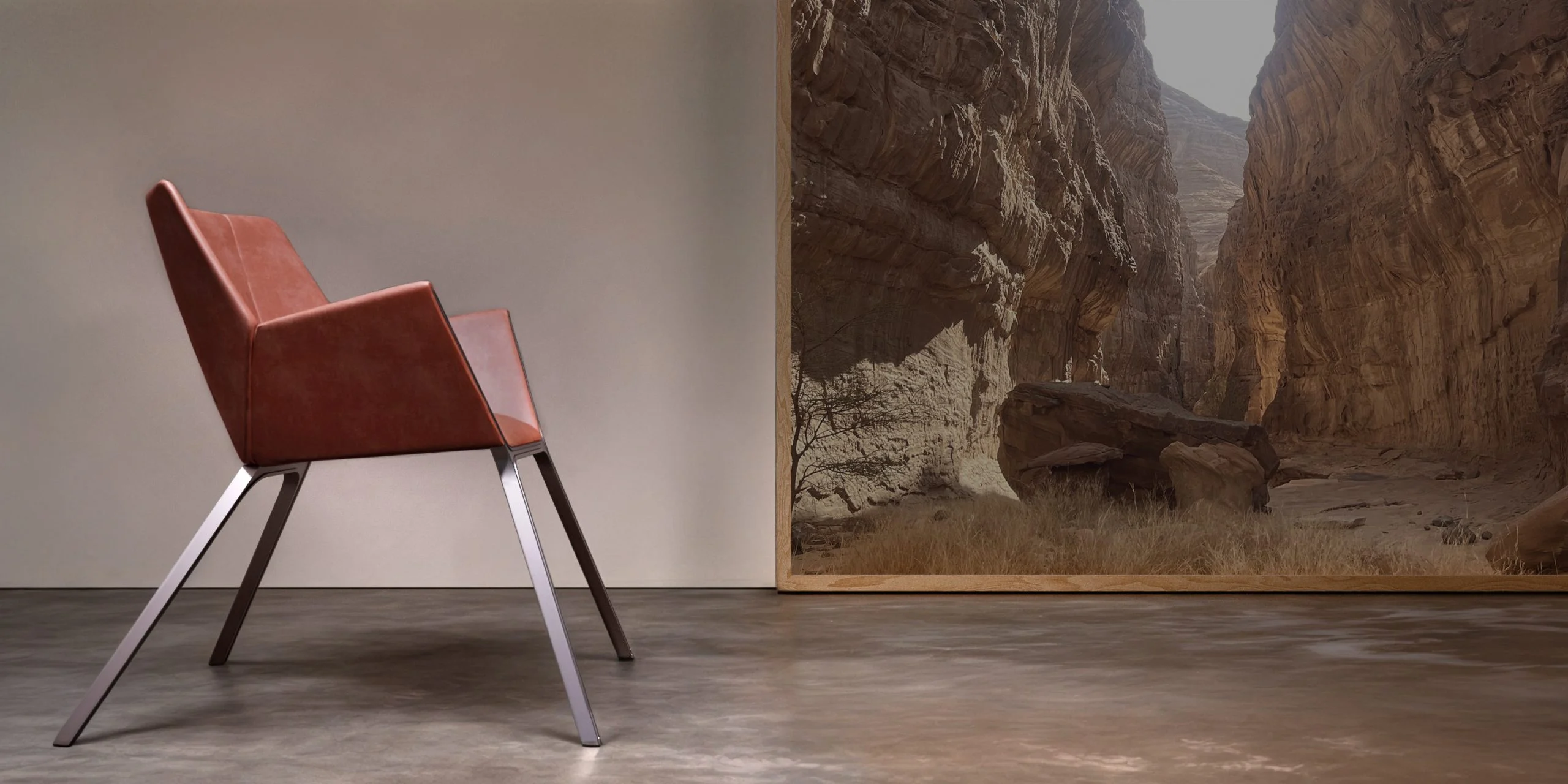 Leather armchair with slim metal legs in front of a large photo of a desert canyon – Tonino Lamborghini FRAME Collection, Milan, Italy, 2025 – product design