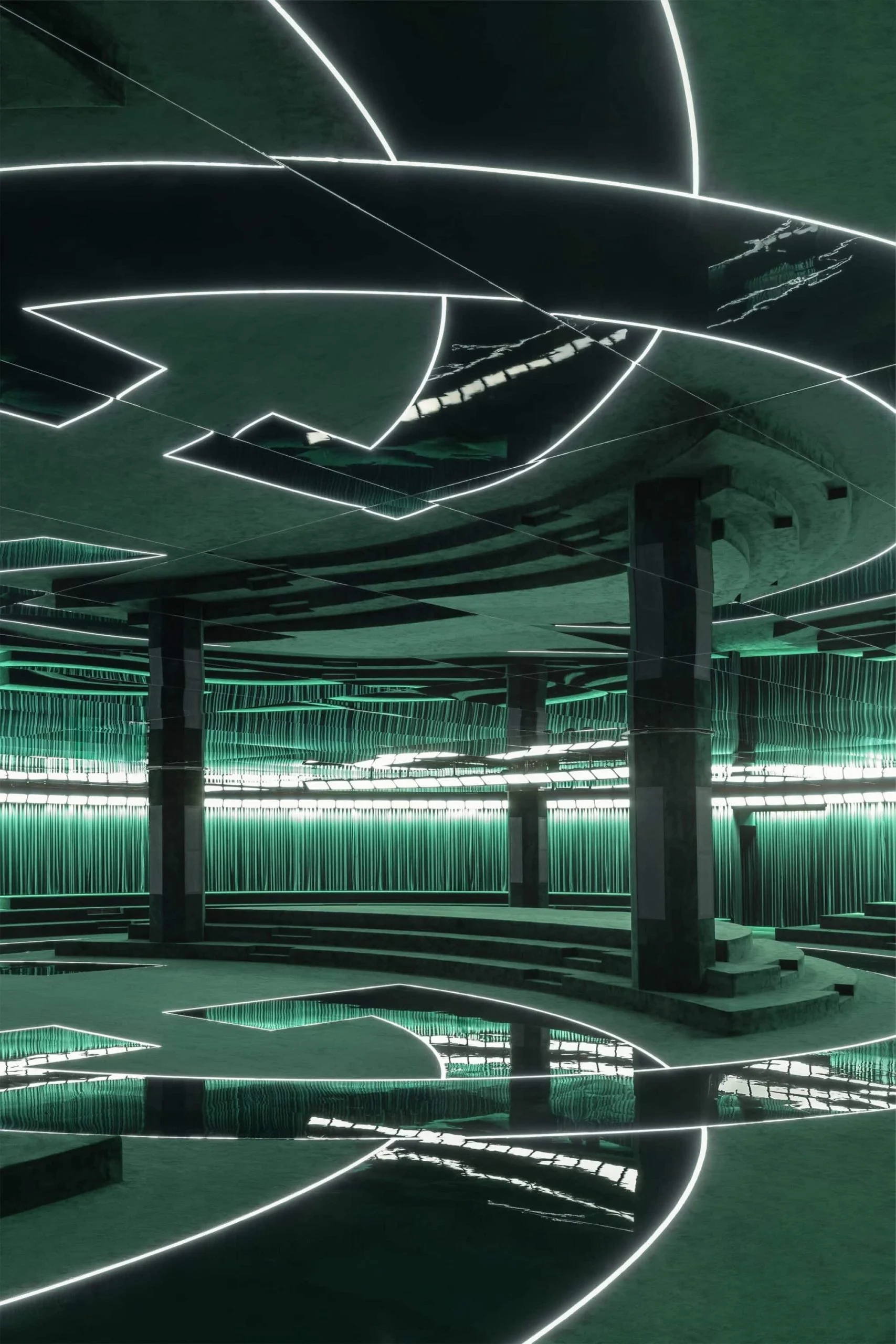 Neon G-shaped curves on the ceiling above dark pillars, green curtains and tiered velvet seating – Gucci Fall/Winter 2025, Milan, Italy – fashion show set design