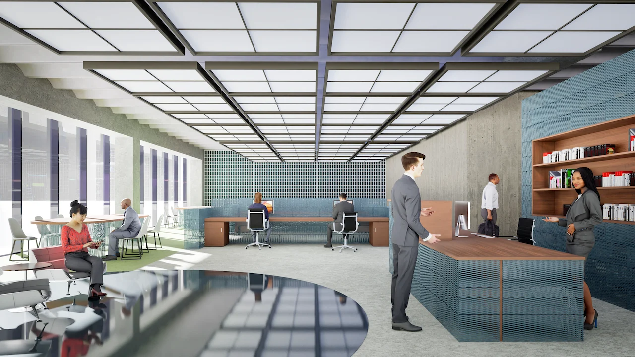 Render of an open-plan office with blue mesh-clad desks and walls under a gridded ceiling – ItalMesh Metal Mesh Collection, Milan, Italy, 2025 – product design