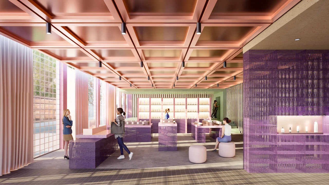 Render of a shop with lilac mesh display counters, copper coffered ceiling and pink curtains – ItalMesh Metal Mesh Collection, Milan, Italy, 2025 – product design