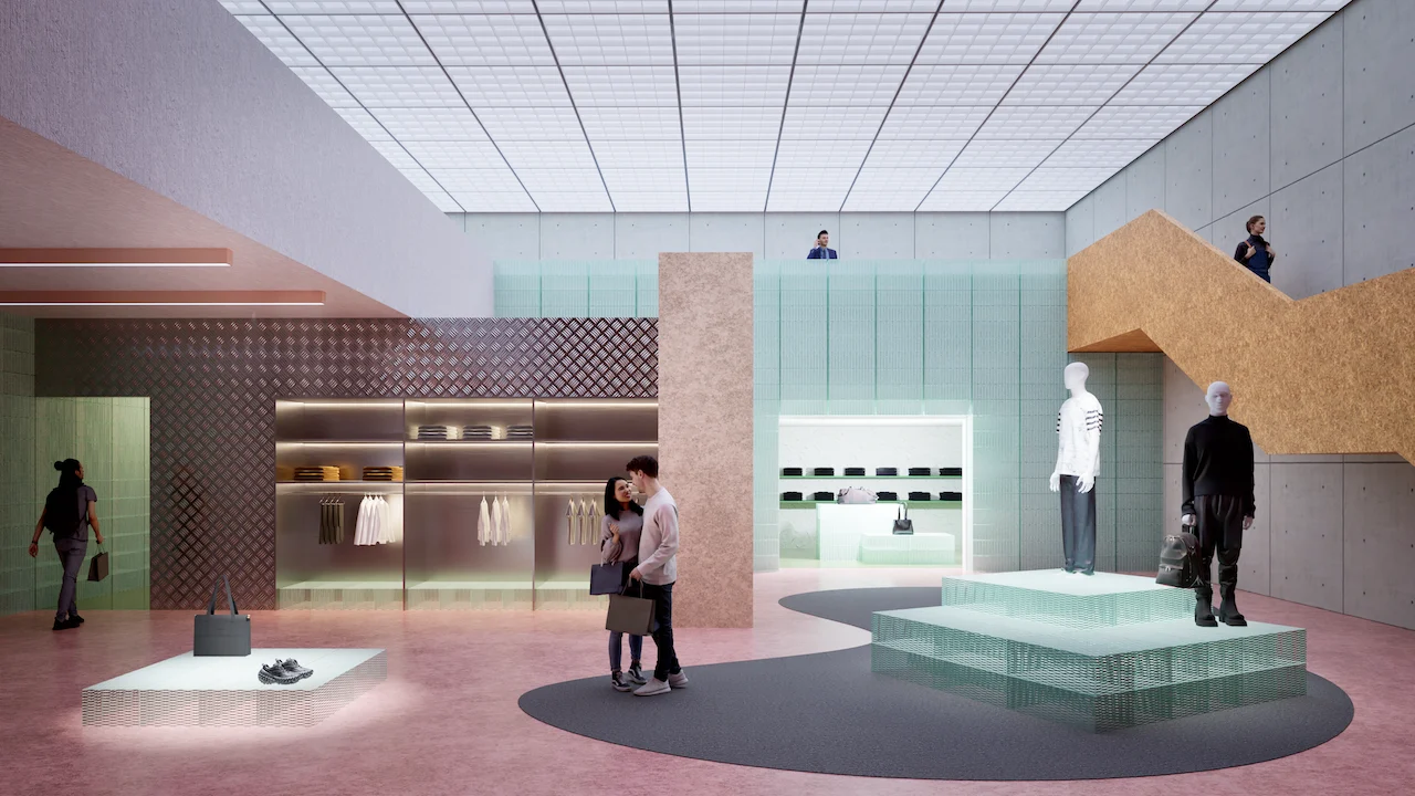 Render of a store with mesh-clad walls, glass display podiums and a pink terrazzo floor – ItalMesh Metal Mesh Collection, Milan, Italy, 2025 – product design
