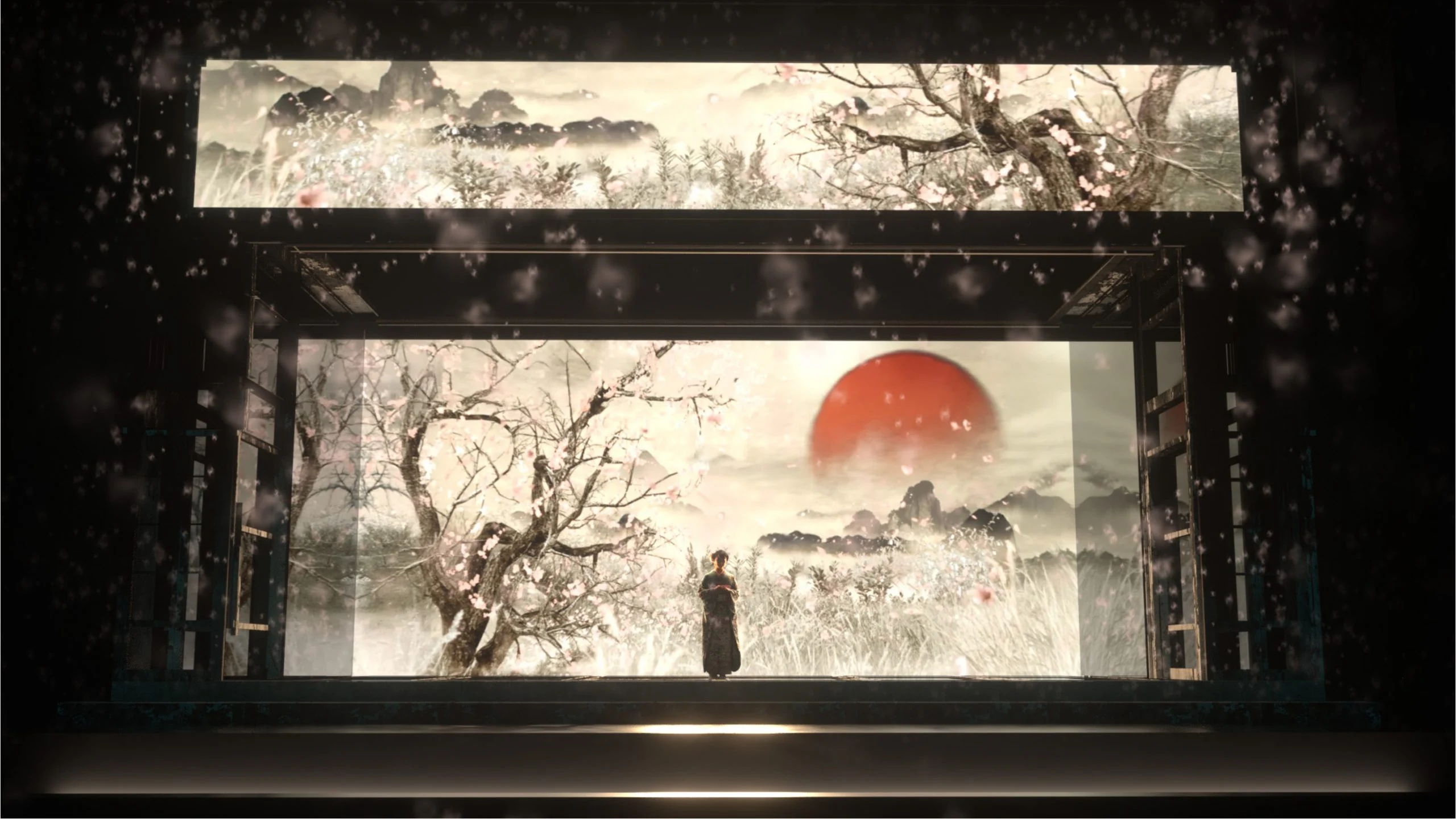 Render of the set: a lone figure in a frame of wooden posts before a blossoming tree and a red sun – Madama Butterfly at Festspielhaus Baden-Baden, Germany, 2025 – opera set design