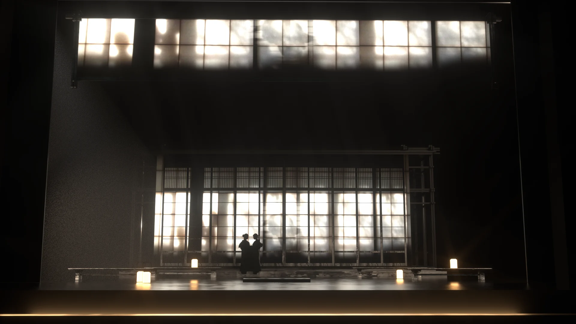 Render of the set: a dim Japanese house interior with backlit shoji screens and two figures in silhouette – Madama Butterfly at Festspielhaus Baden-Baden, Germany, 2025 – opera set design