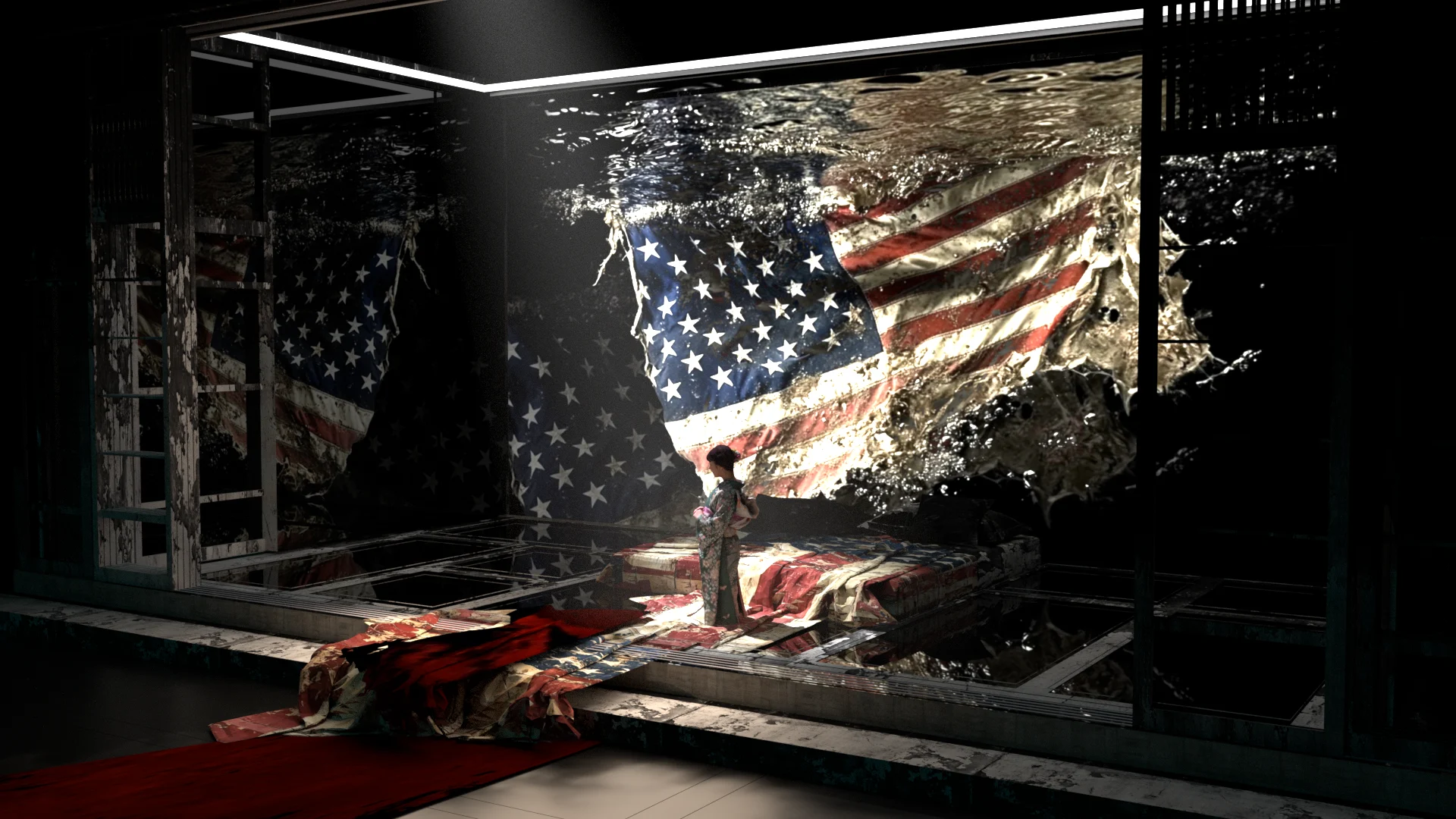 Render of a figure in a kimono in a glass room, with a torn American flag drifting underwater around it – Madama Butterfly at Festspielhaus Baden-Baden, Germany, 2025 – opera set design