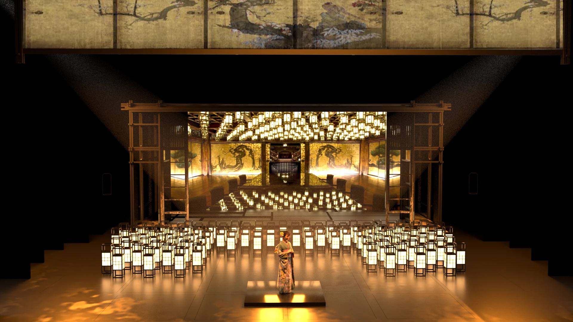 Render of the set: a woman in a kimono amid rows of glowing paper lanterns before painted gold screens – Madama Butterfly at Festspielhaus Baden-Baden, Germany, 2025 – opera set design