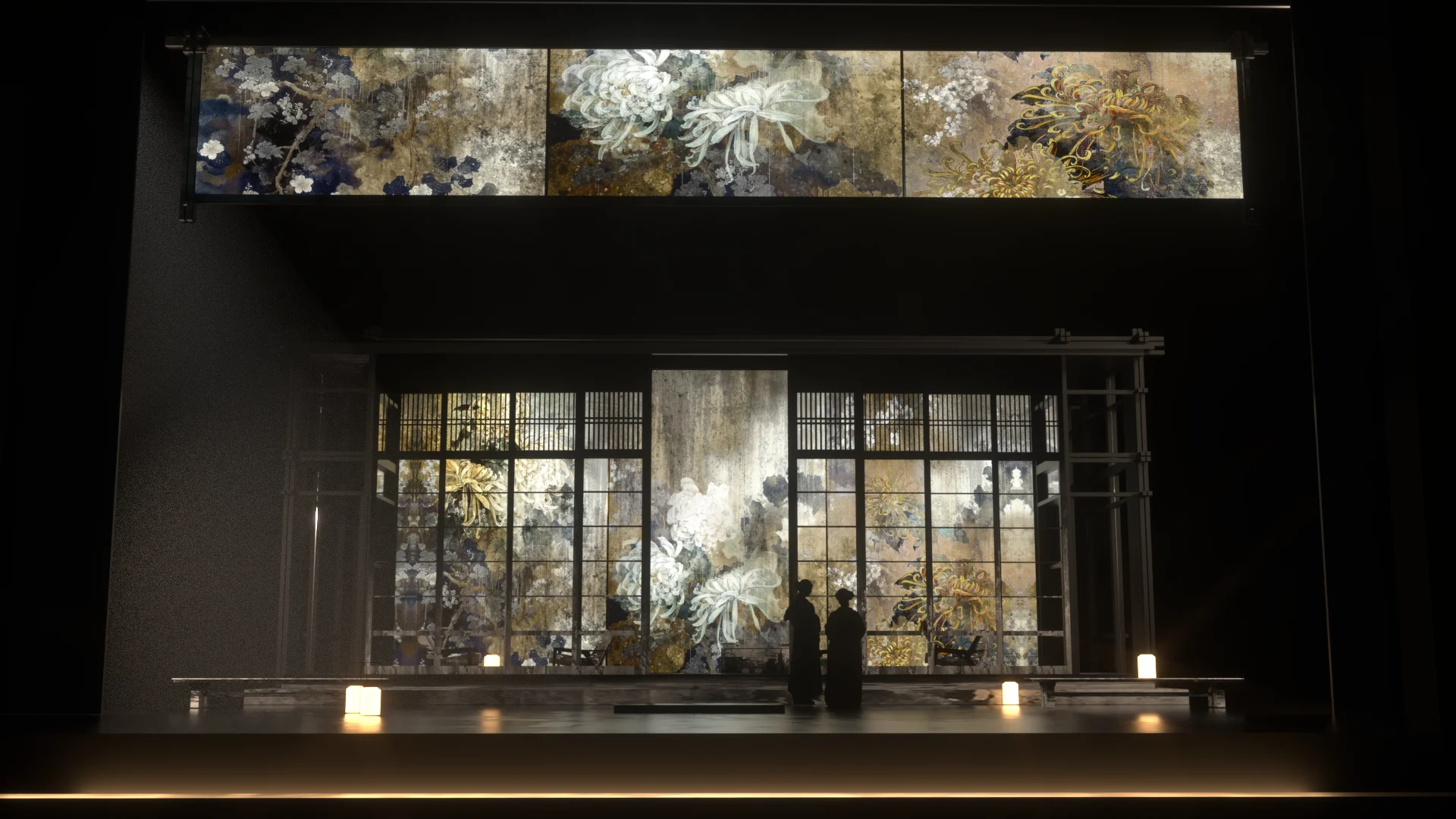 Render of the set with shoji screens painted with chrysanthemums and two figures standing at the centre – Madama Butterfly at Festspielhaus Baden-Baden, Germany, 2025 – opera set design