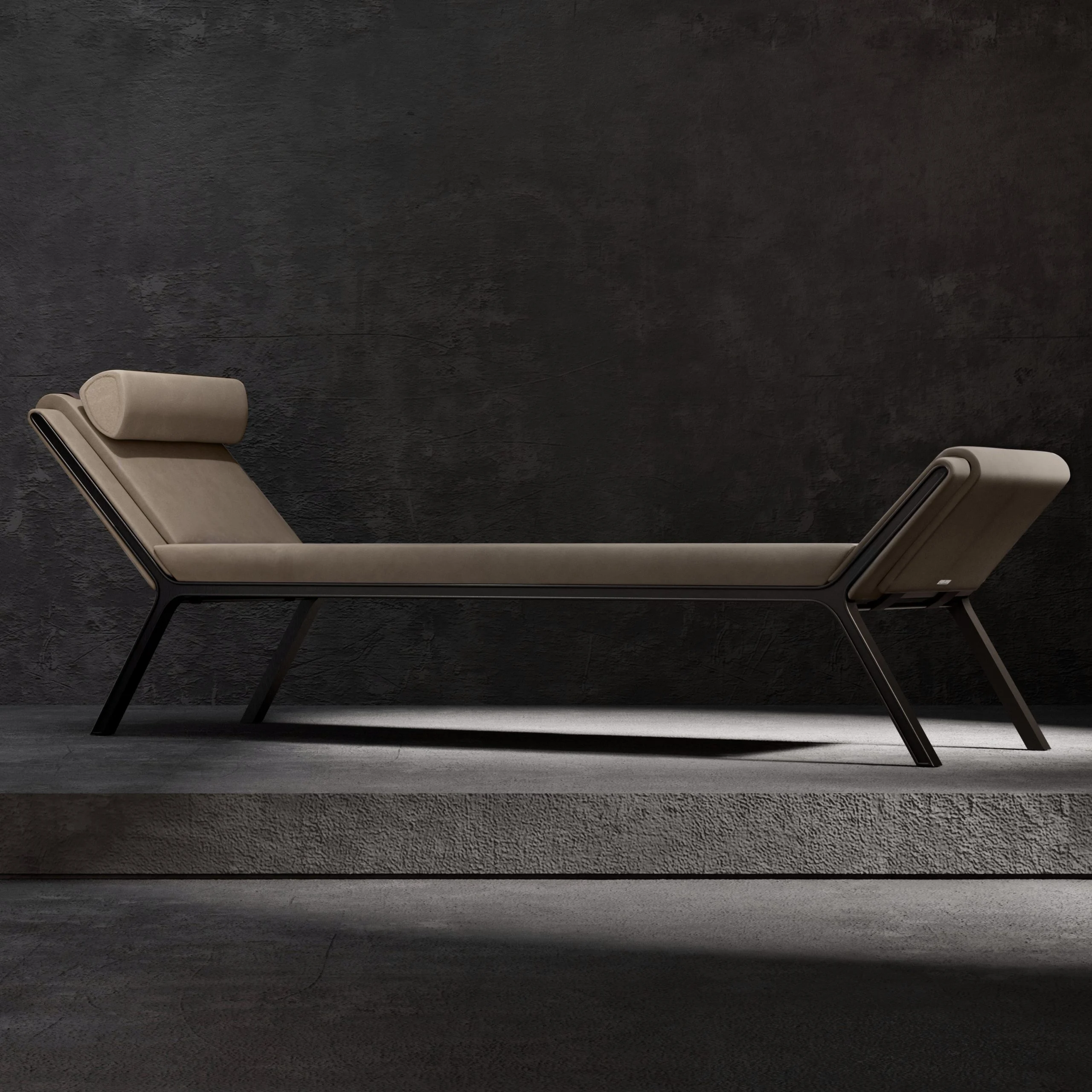 Daybed with a beige cushion, bolster headrest and slim black frame on a concrete plinth – Tonino Lamborghini FRAME Collection, Milan, Italy, 2025 – product design