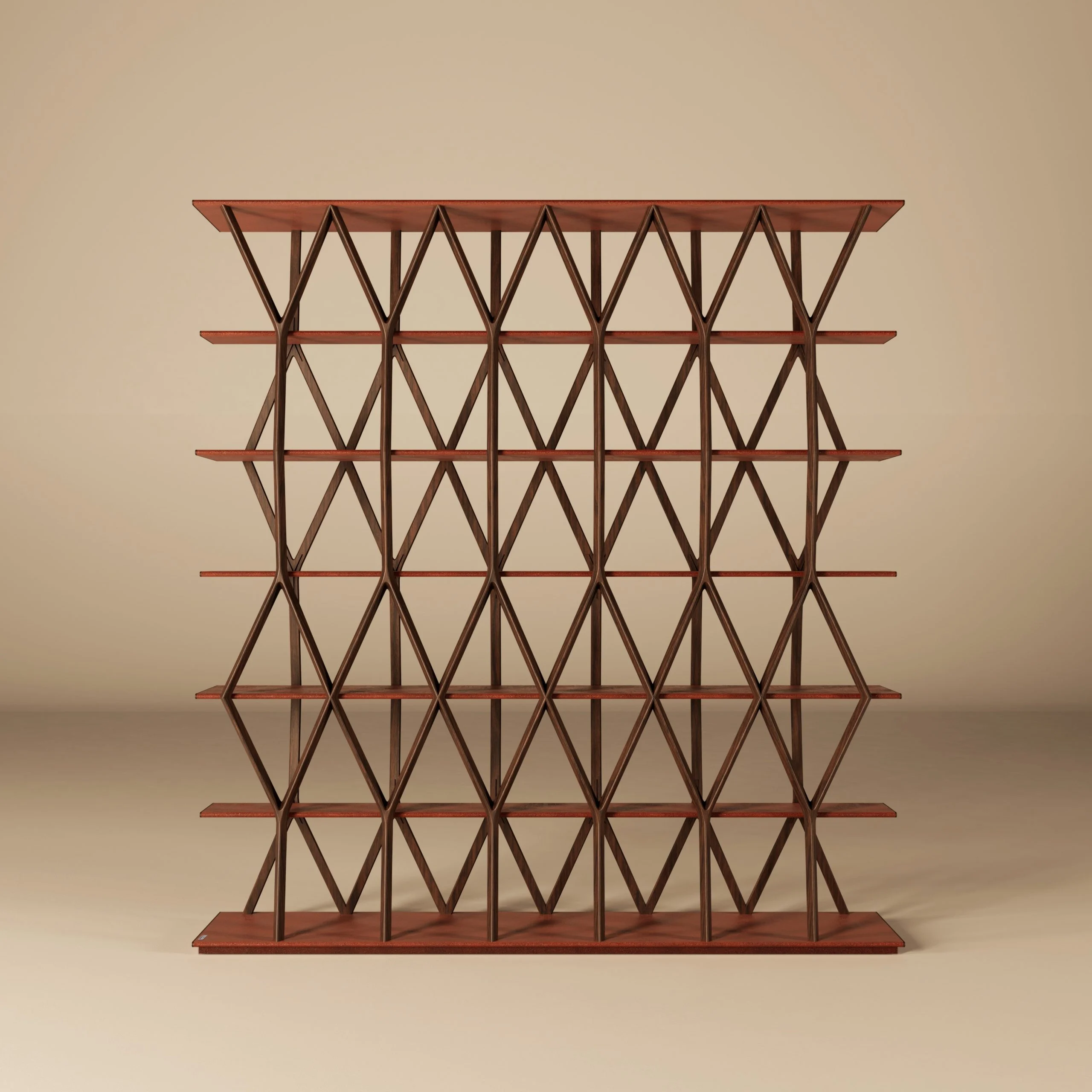 Bookcase of wooden shelves with a diamond lattice frame on a beige background – Tonino Lamborghini FRAME Collection, Milan, Italy, 2025 – product design