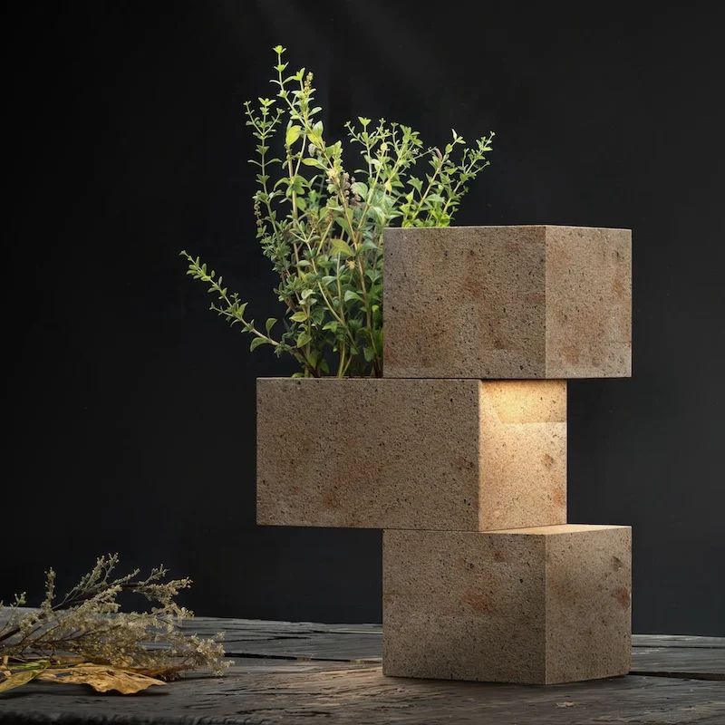 Stacked stone block lamp and planter, light between the blocks, dried branch on a wooden table – Porfido Pedretti Porphyry Furniture, Milan, Italy, 2025 – product design