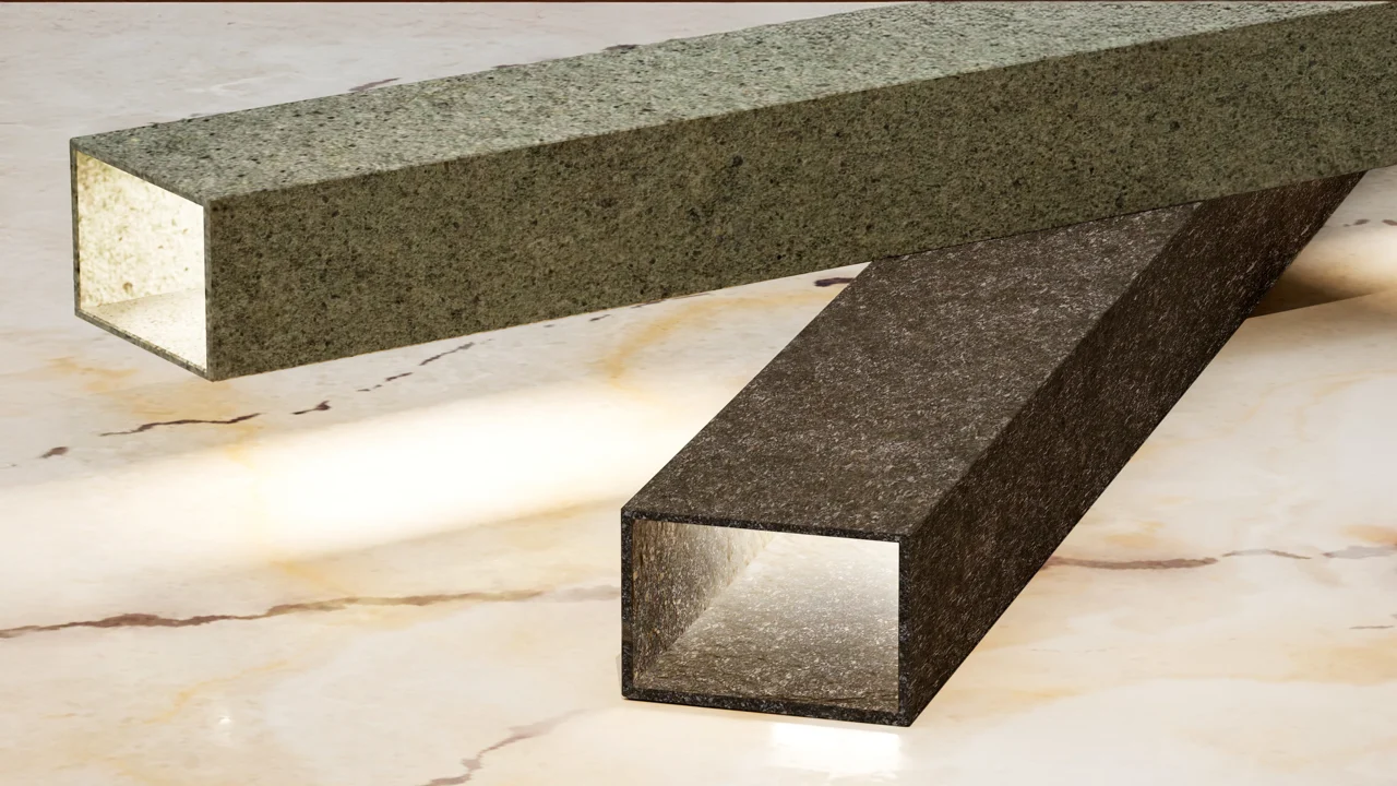 Two hollow porphyry profiles, green and dark, lit from inside on a marble surface – Porfido Pedretti Porphyry Furniture, Milan, Italy, 2025 – product design