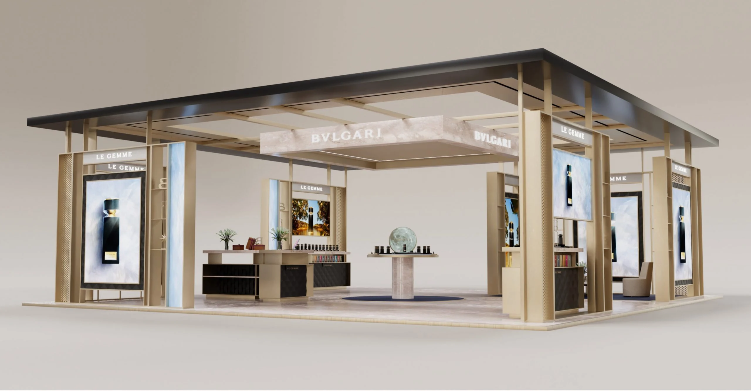 Render of the Le Gemme retail pavilion: gold frame, flat roof, perfume walls and a central globe – Bvlgari Le Gemme Amunae, 2018 – retail design