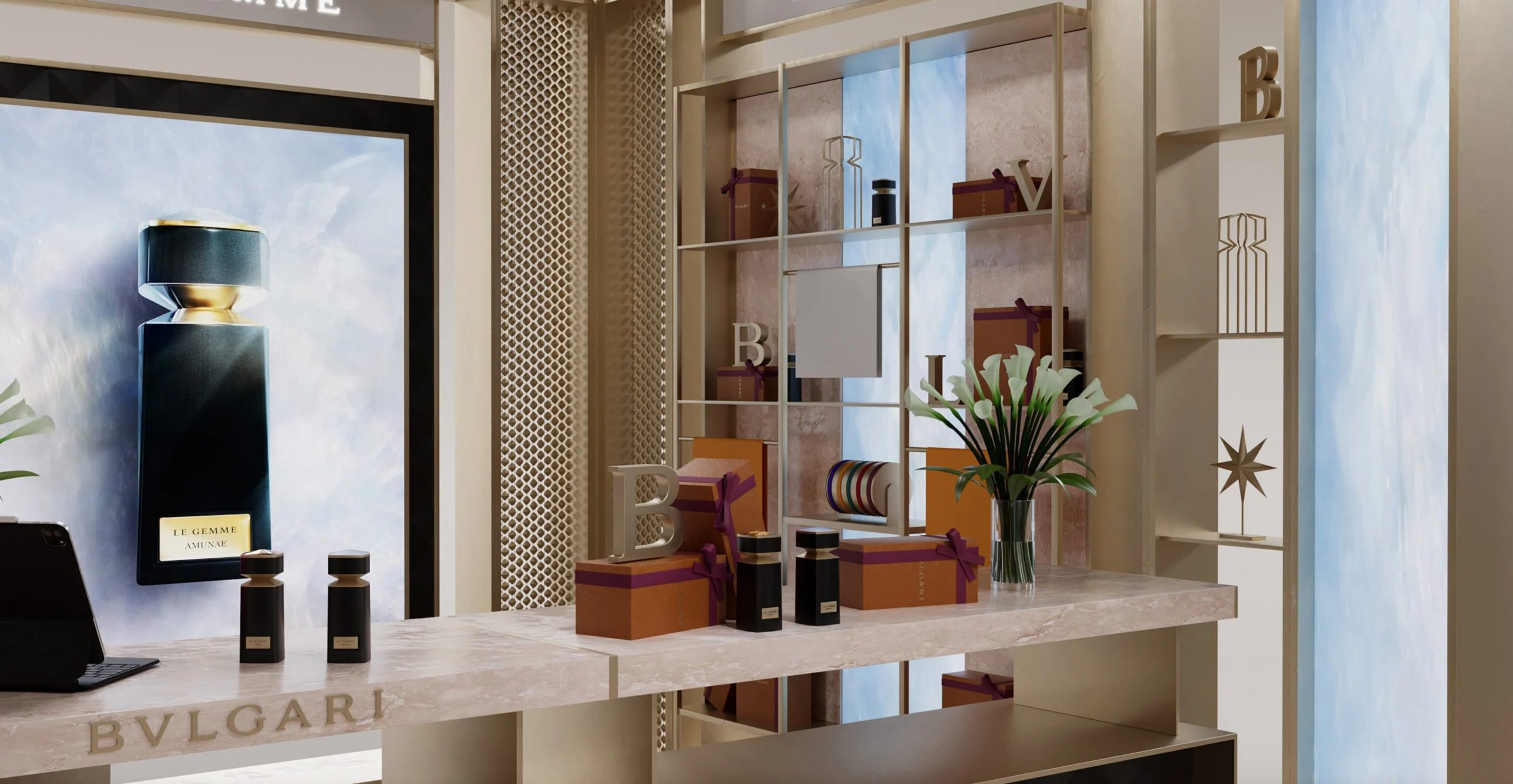Render of a gift corner with wrapped orange boxes, lilies and shelves beside a large bottle poster – Bvlgari Le Gemme Amunae, 2018 – retail design