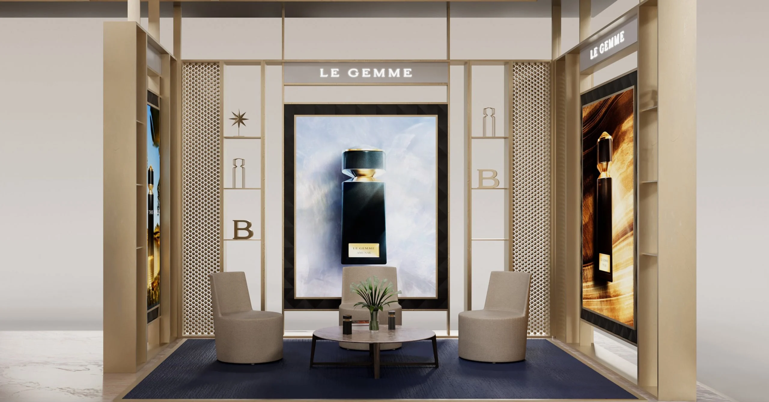 Render of a lounge area with two armchairs and a coffee table beneath a Le Gemme bottle image – Bvlgari Le Gemme Amunae, 2018 – retail design