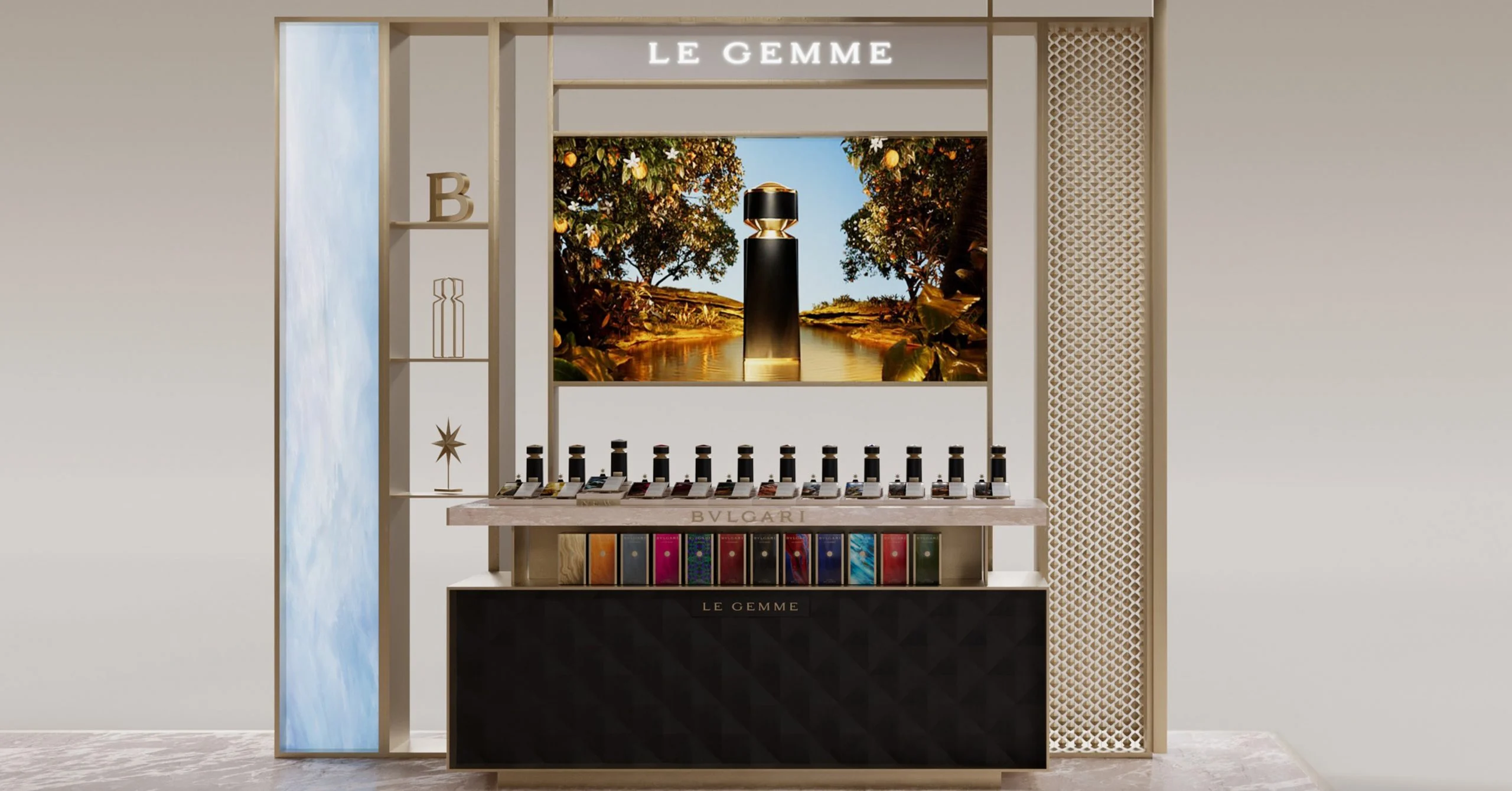Render of a Le Gemme wall with a video screen above a row of bottles and a quilted black counter – Bvlgari Le Gemme Amunae, 2018 – retail design