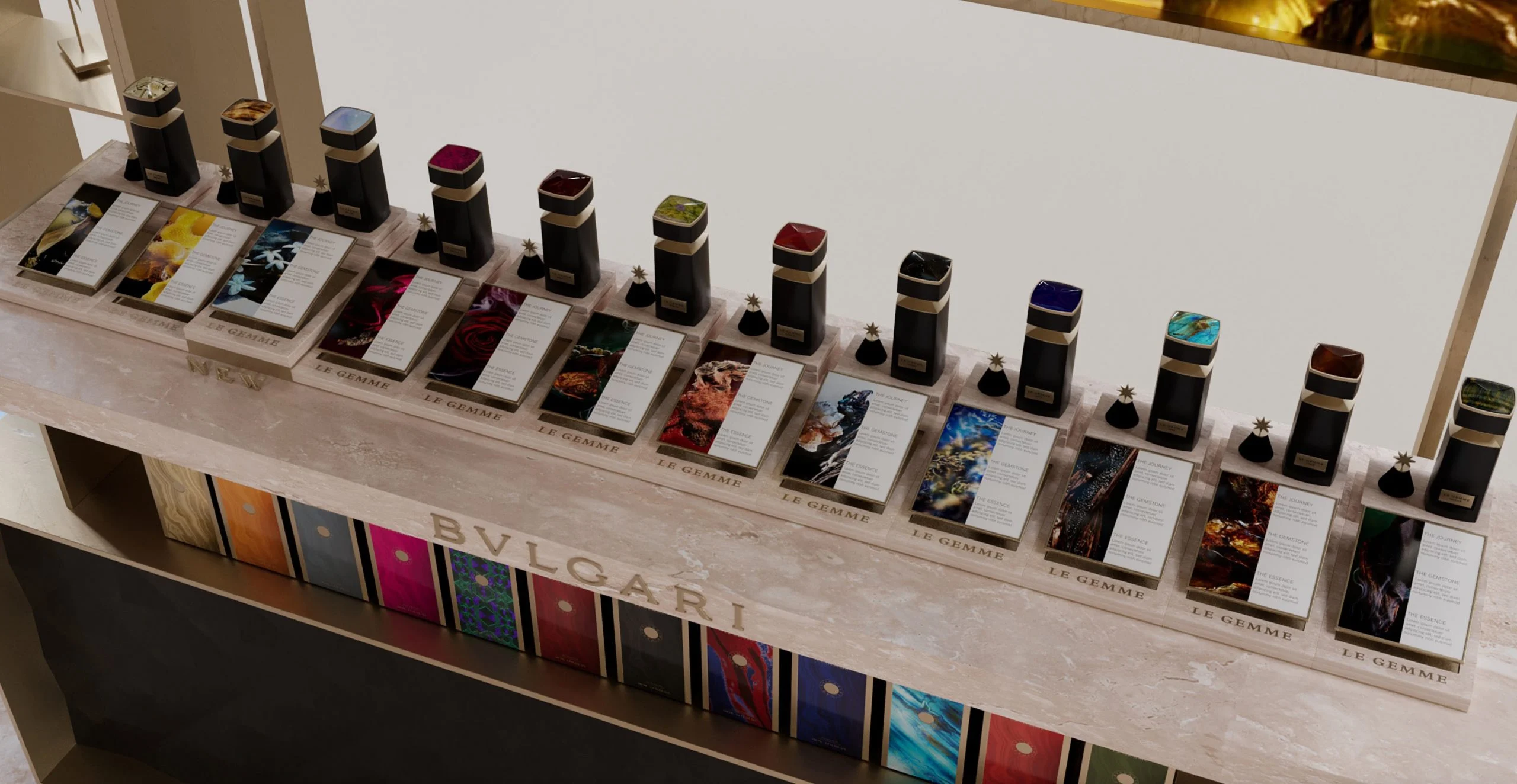 Render of a marble counter lined with Le Gemme bottles, each with an illustrated card – Bvlgari Le Gemme Amunae, 2018 – retail design