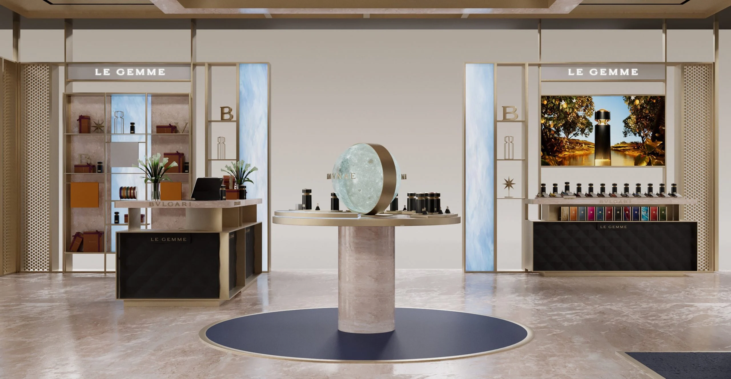 Render of the pavilion interior with a central globe display and Le Gemme perfume counters – Bvlgari Le Gemme Amunae, 2018 – retail design