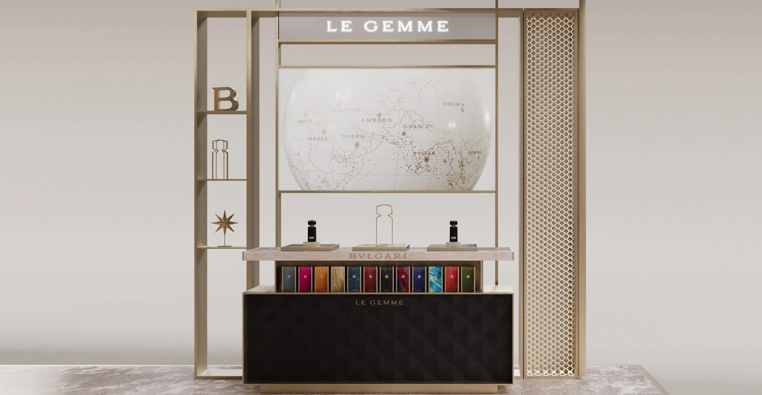 Render of a Le Gemme counter with a large white globe map above a row of perfume bottles – Bvlgari Le Gemme Amunae, 2018 – retail design