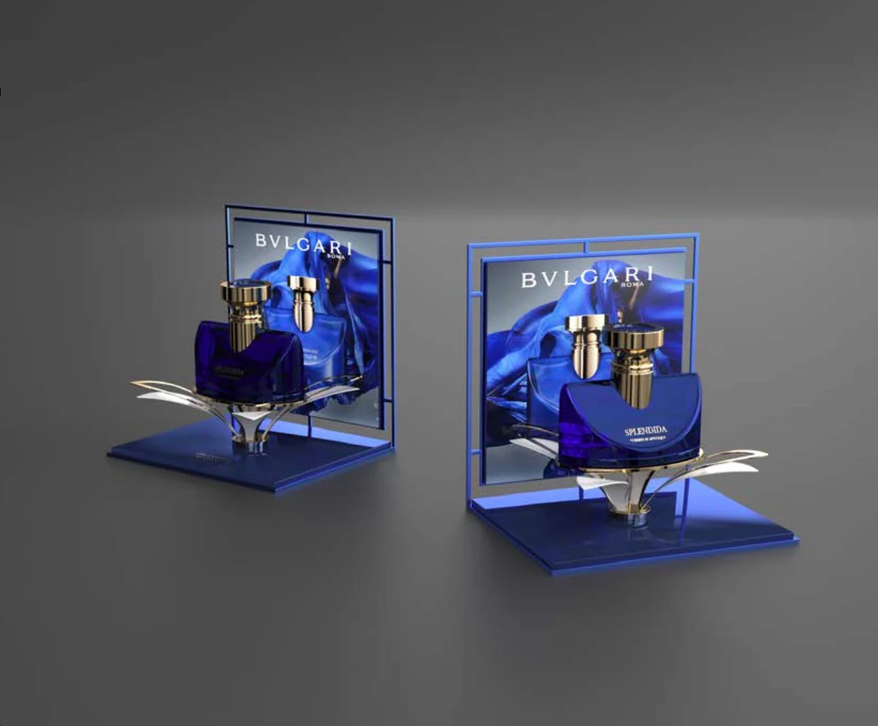 Render of two blue Bvlgari Splendida counter displays with fragrance bottles on gold petal stands – Bvlgari Splendida Tubereuse Mystique, 2019 – retail design concept