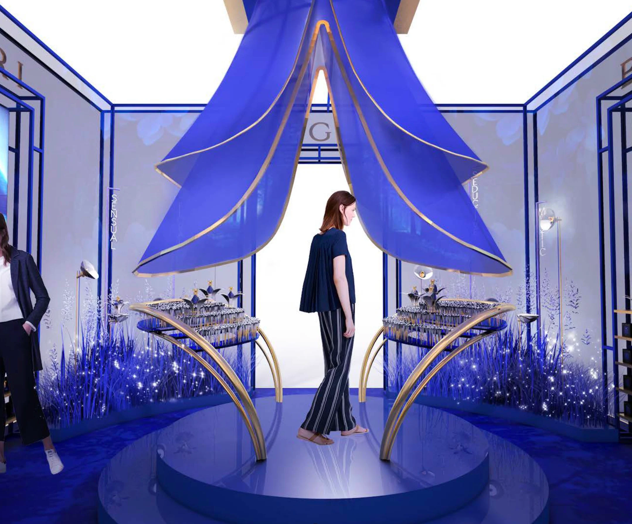 Render of the Bvlgari Tubereuse Mystique space: blue fabric canopy over a round platform and gold shelving – Bvlgari Splendida Tubereuse Mystique, 2019 – retail design concept