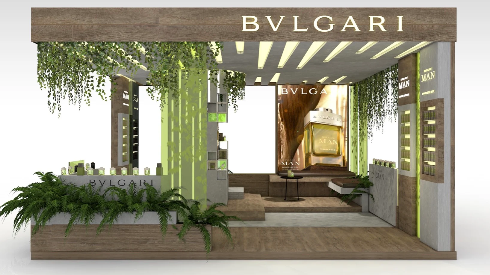 Render of the Bvlgari Man Wood Neroli pop-up: wood frame, hanging greenery, ferns and a lit display wall – Bvlgari Man Wood Neroli, 2019 – retail design