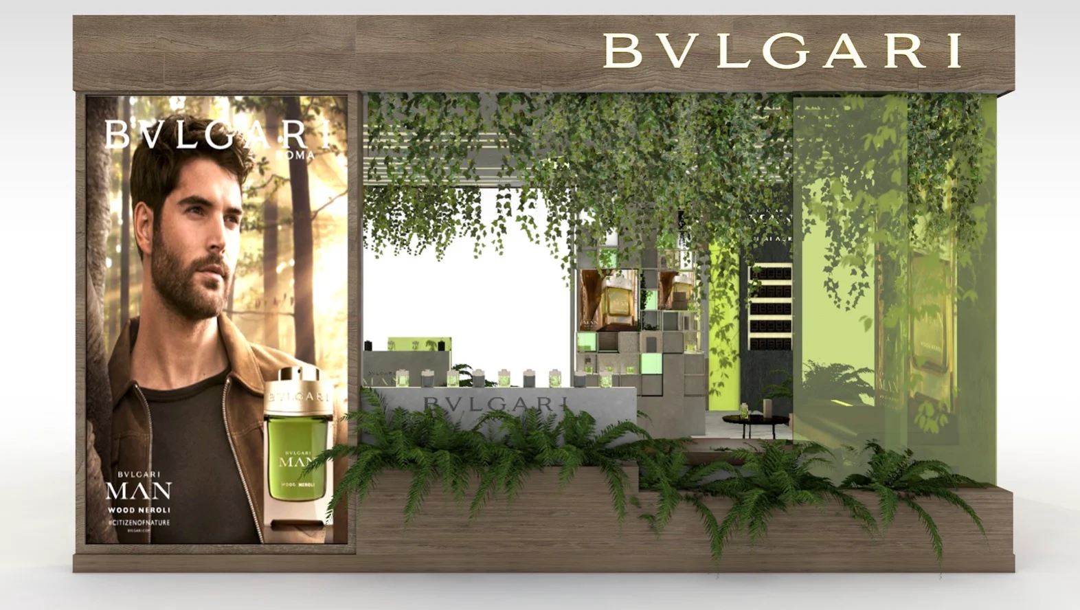 Render of the pop-up front with a large Bvlgari Man Wood Neroli poster and a fern planter – Bvlgari Man Wood Neroli, 2019 – retail design