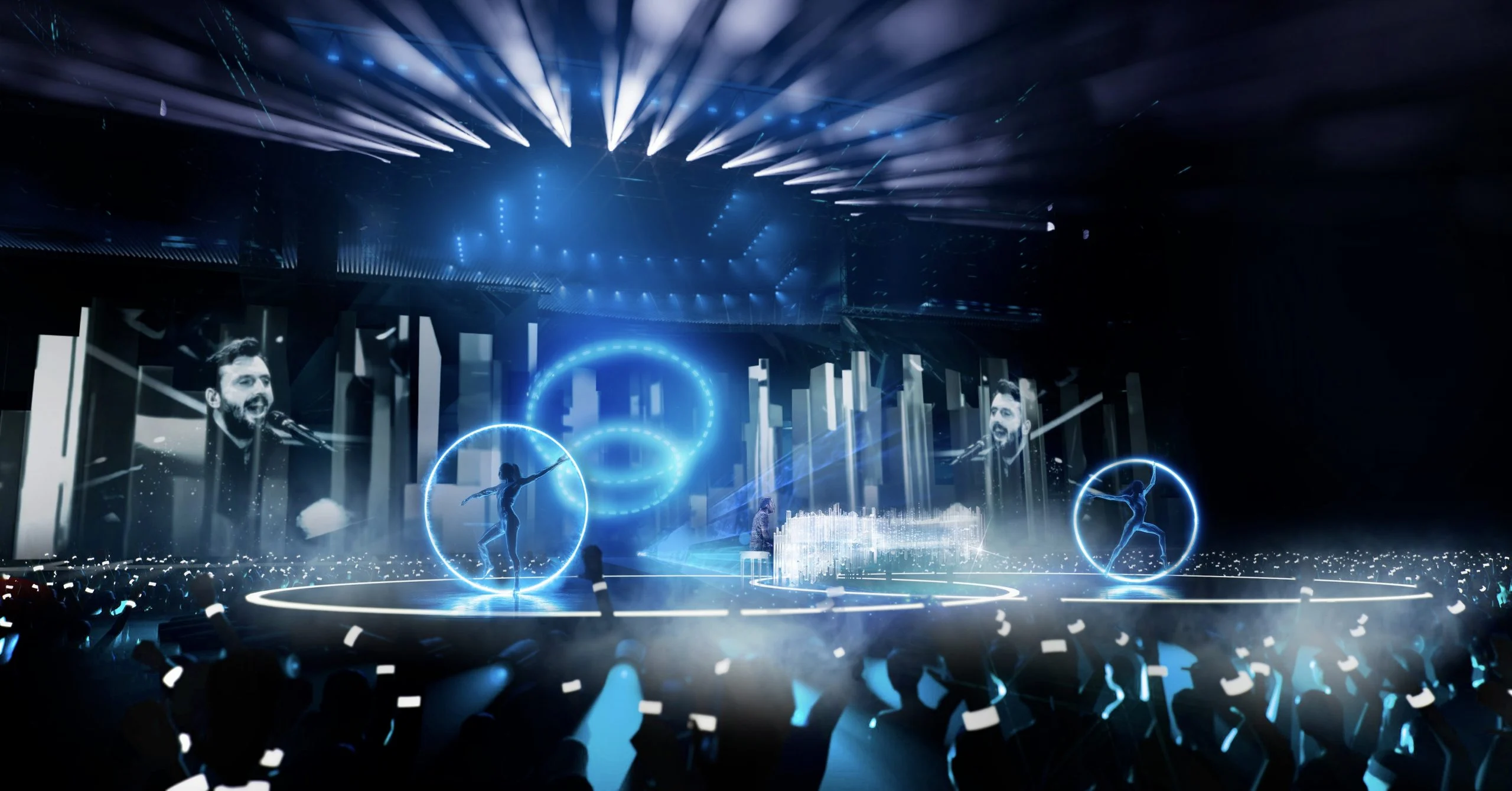 Render of the stage in blue light: singer on side screens, dancers inside illuminated rings and a crowd with phones – Cesare Cremonini Live25, Italy, 2025 – concert stage design