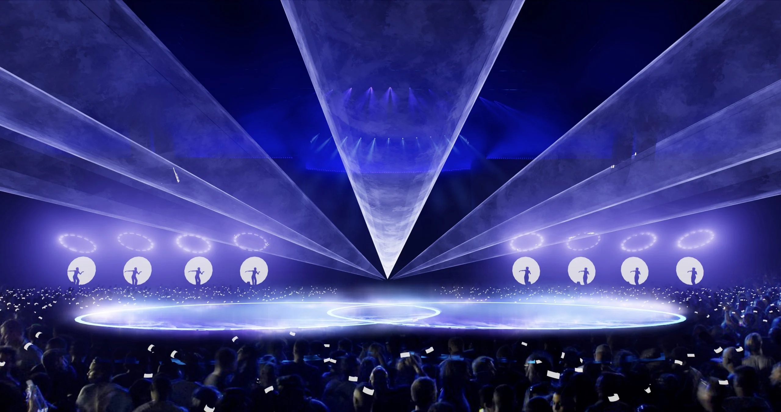 Render of laser beams converging over the oval stage, with figures silhouetted inside rings of light – Cesare Cremonini Live25, Italy, 2025 – concert stage design