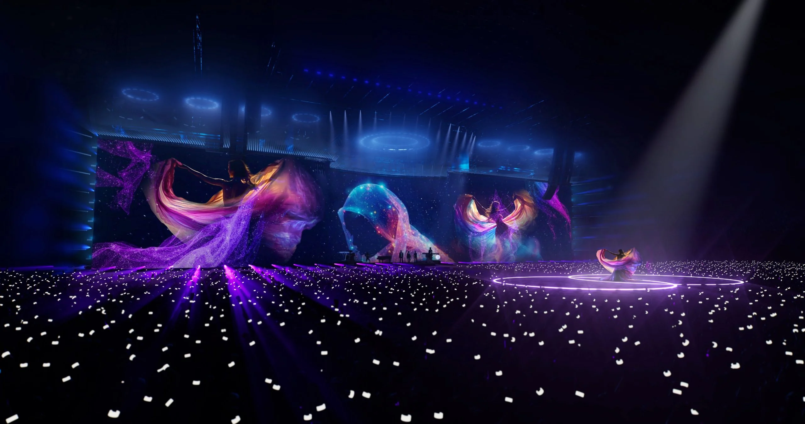 Render of dancers with flowing purple fabrics projected on the screen and a crowd holding lights – Cesare Cremonini Live25, Italy, 2025 – concert stage design