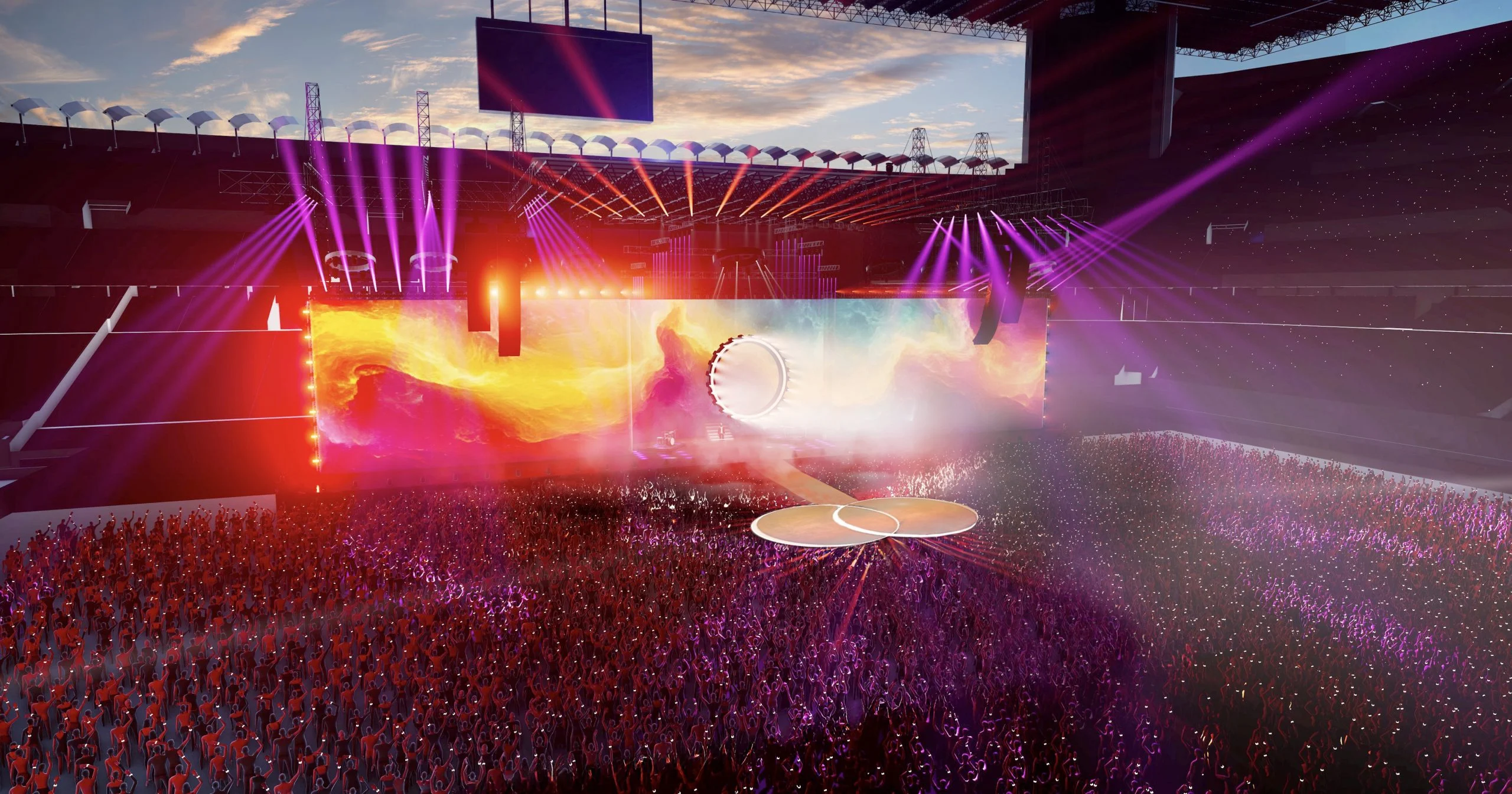 Render of the stadium stage at sunset, a wide screen with colourful auroras and purple beams over the crowd – Cesare Cremonini Live25, Italy, 2025 – concert stage design