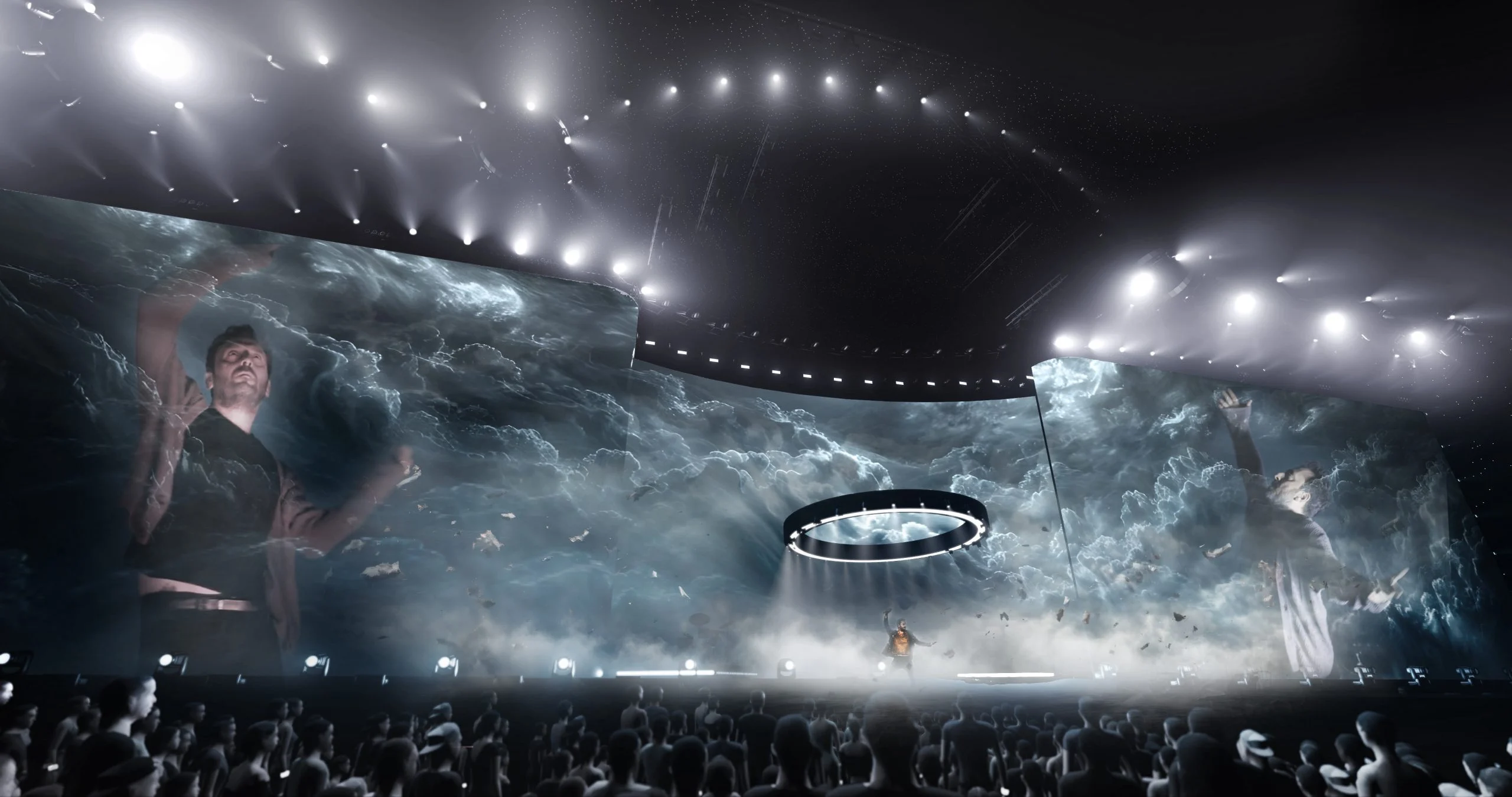 Render of a storm-cloud panorama on the curved screen with a suspended light ring above the stage – Cesare Cremonini Live25, Italy, 2025 – concert stage design