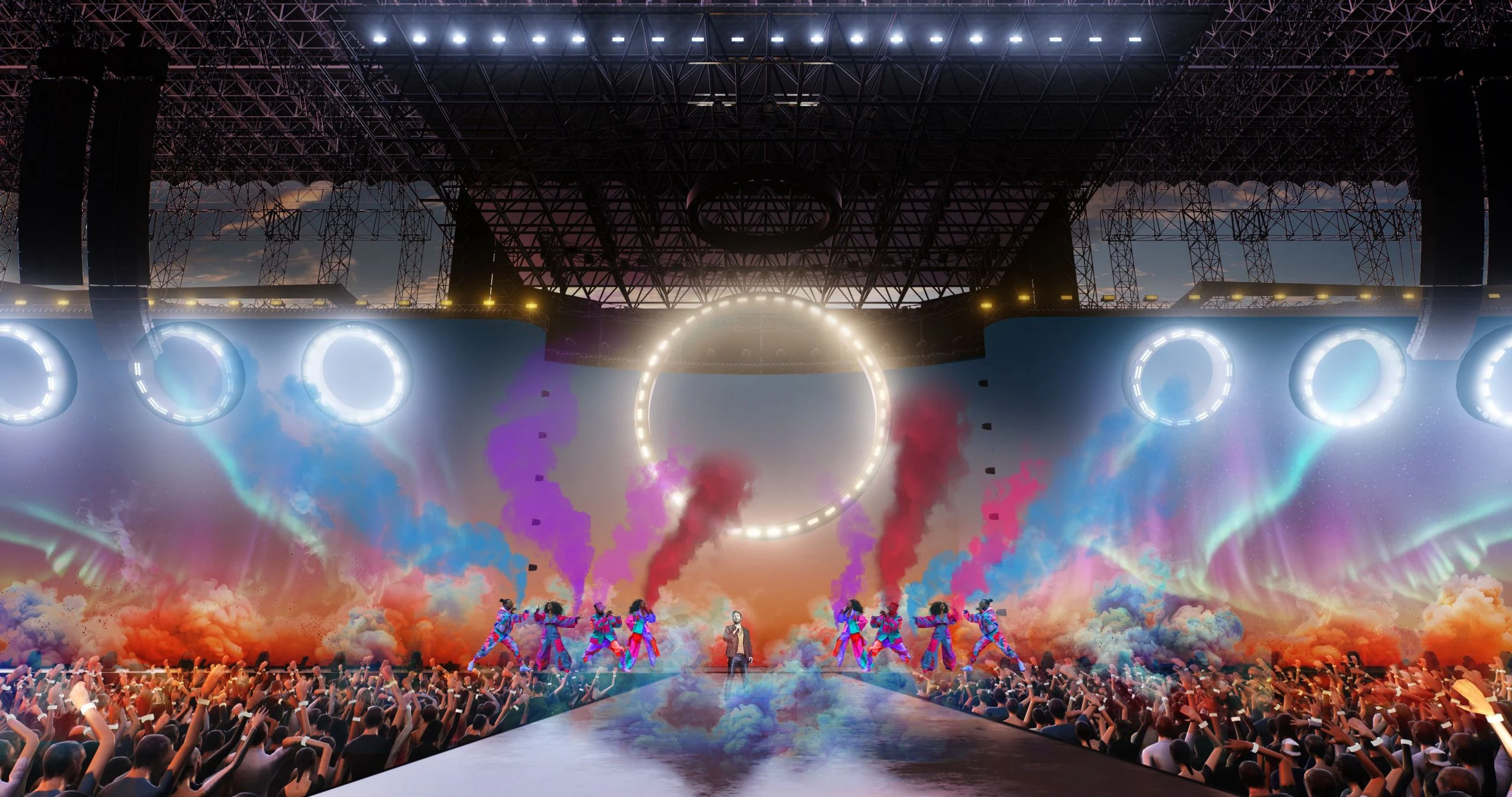 Render of dancers and coloured smoke on the runway before an aurora screen framed by a ring of lights – Cesare Cremonini Live25, Italy, 2025 – concert stage design