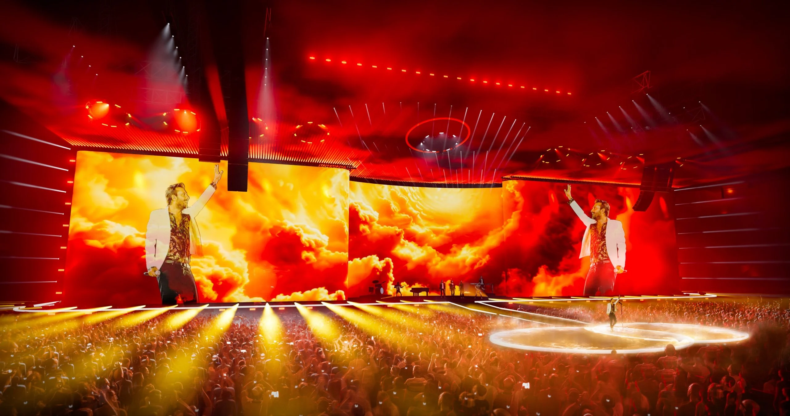 Render of the cinemascope screen glowing with fiery clouds, the singer shown on both sides – Cesare Cremonini Live25, Italy, 2025 – concert stage design