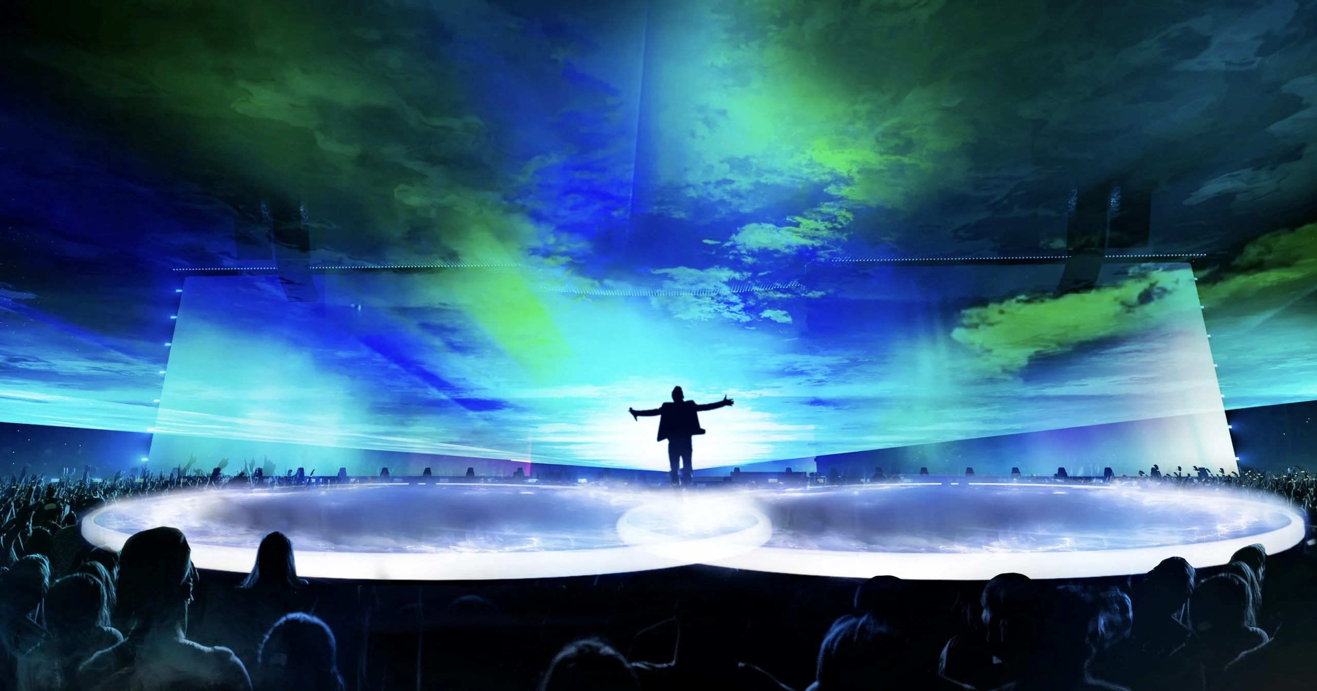 Render of a silhouetted singer with open arms on a misty circular stage under green and blue auroras – Cesare Cremonini Live25, Italy, 2025 – concert stage design